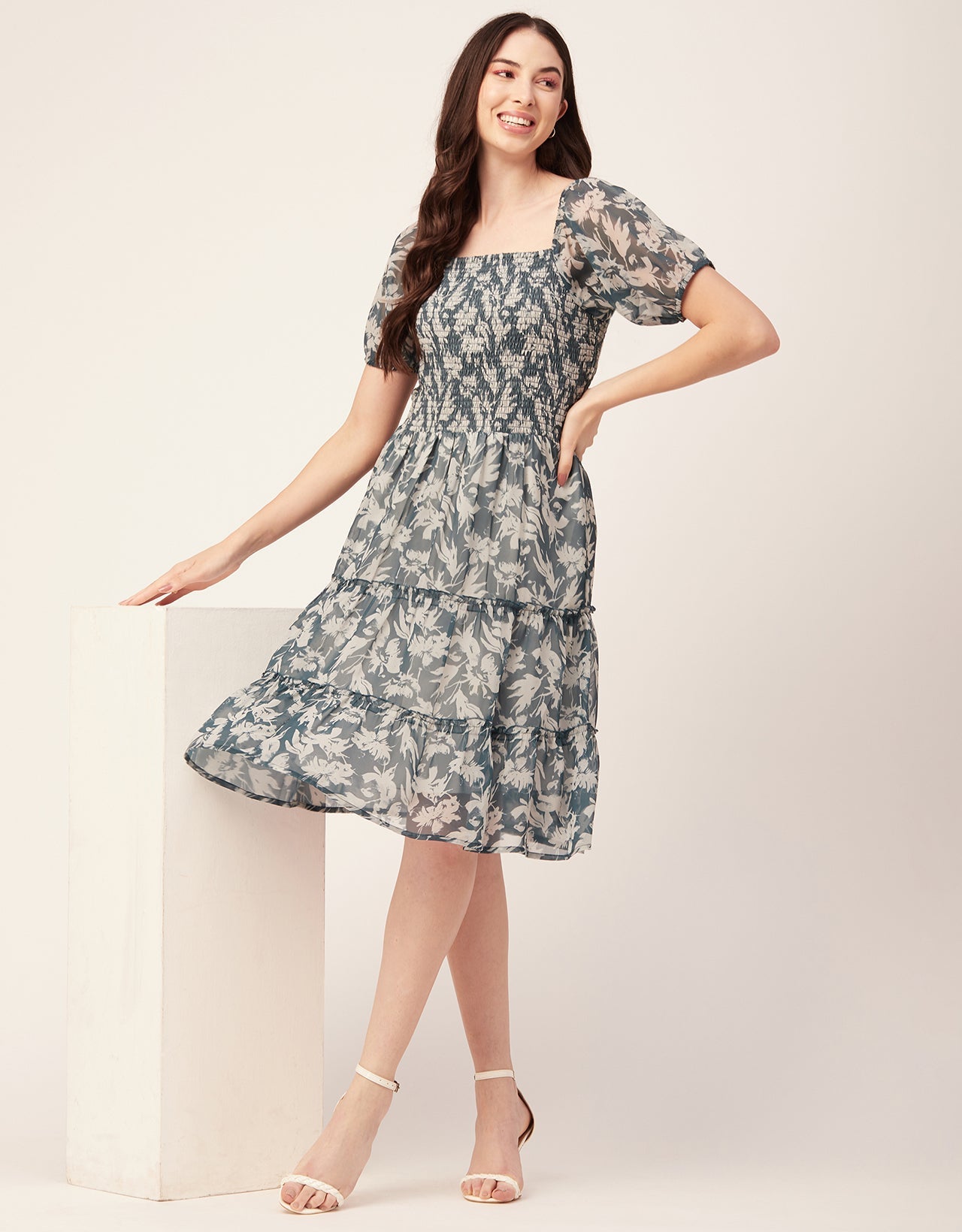 Printed Smocked Knee Dress