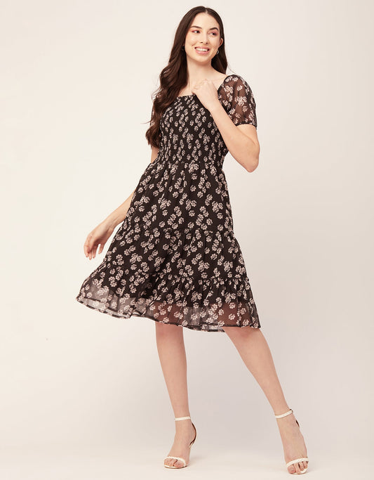 Printed Smocked Knee Dress