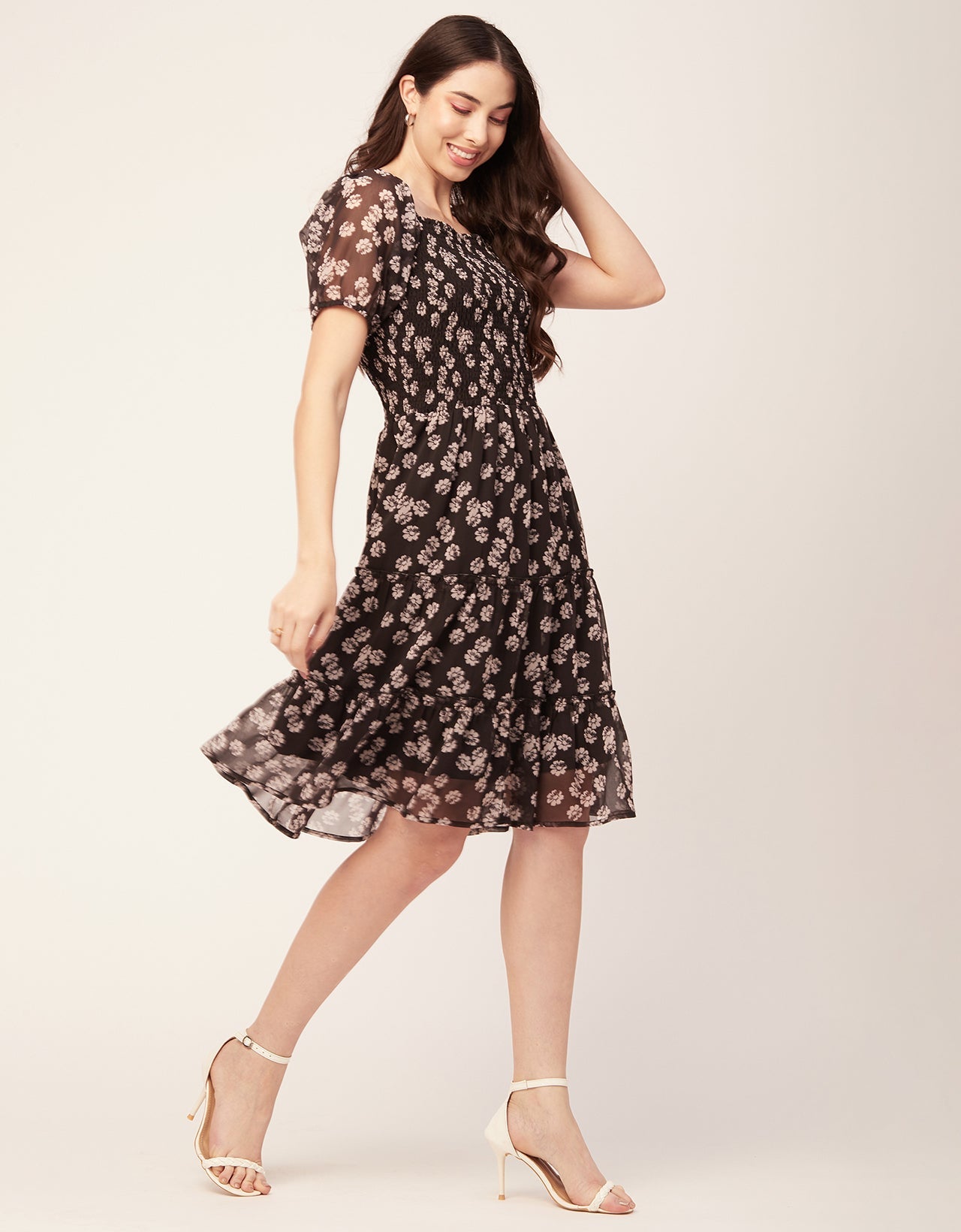 Printed Smocked Knee Dress