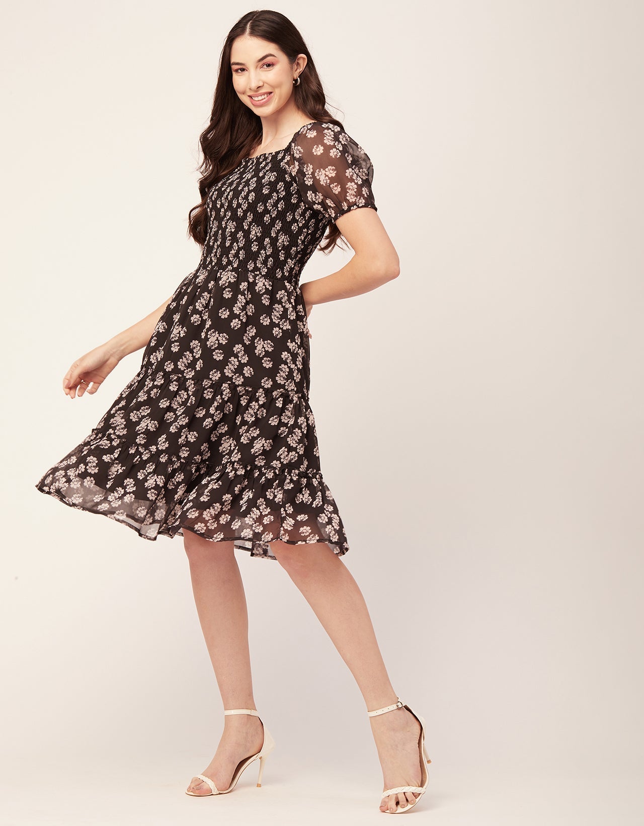Printed Smocked Knee Dress