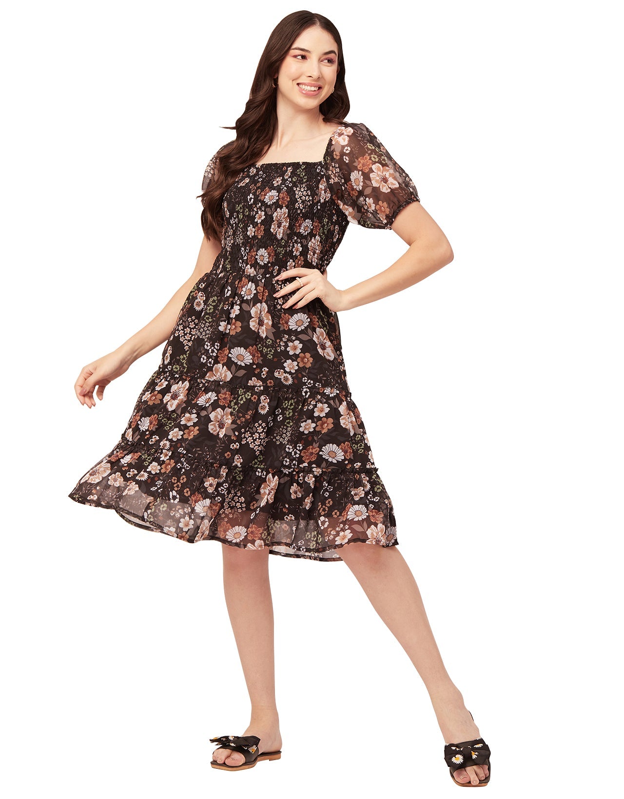 Printed Smocked Knee Dress