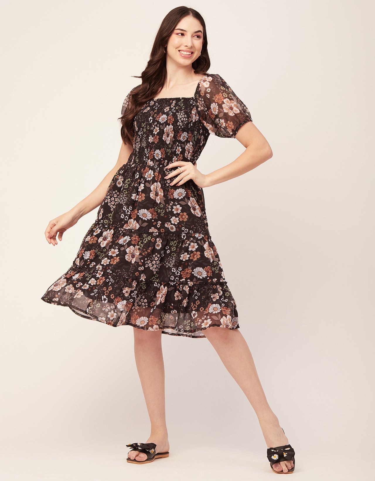 Printed Smocked Knee Dress