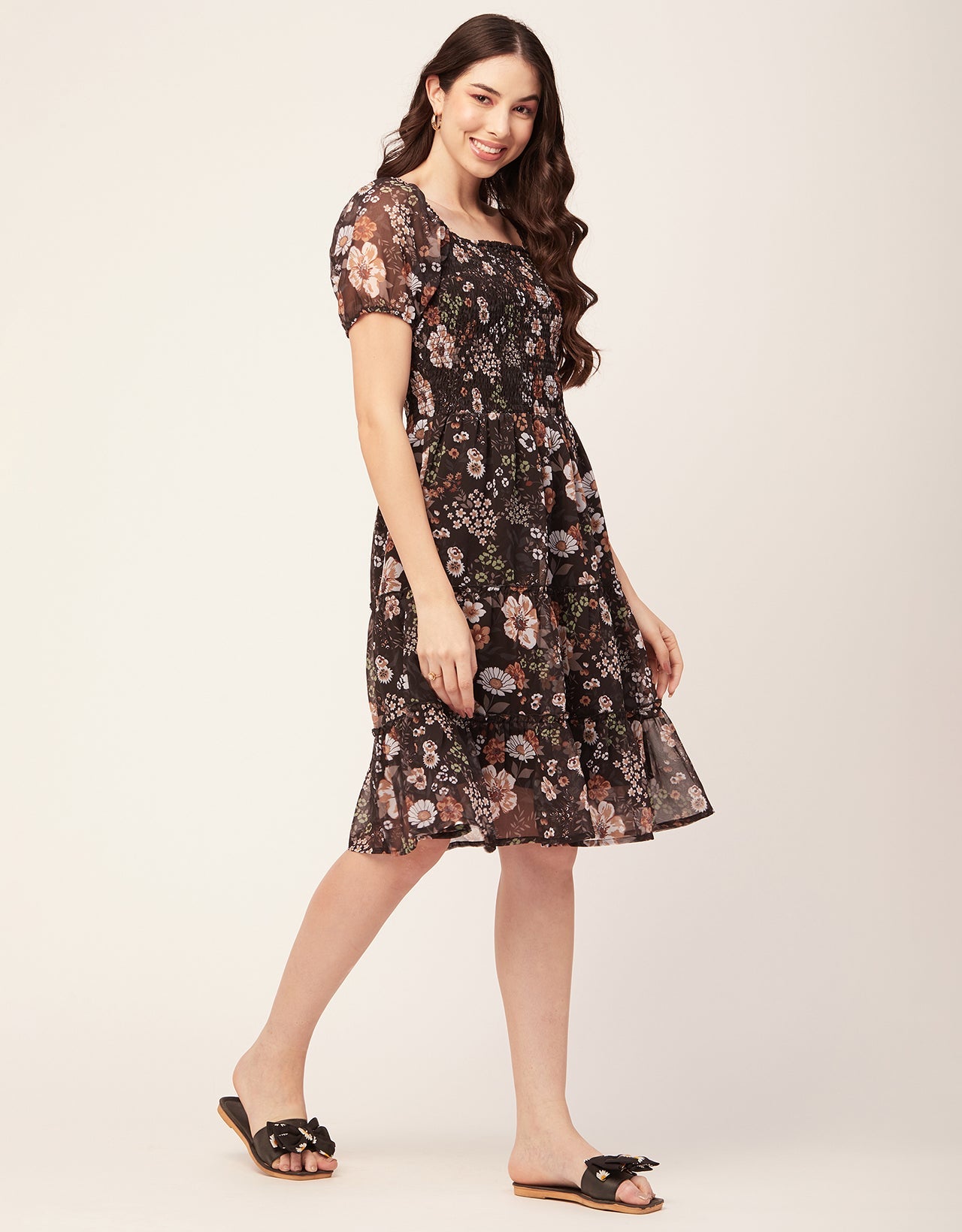 Printed Smocked Knee Dress