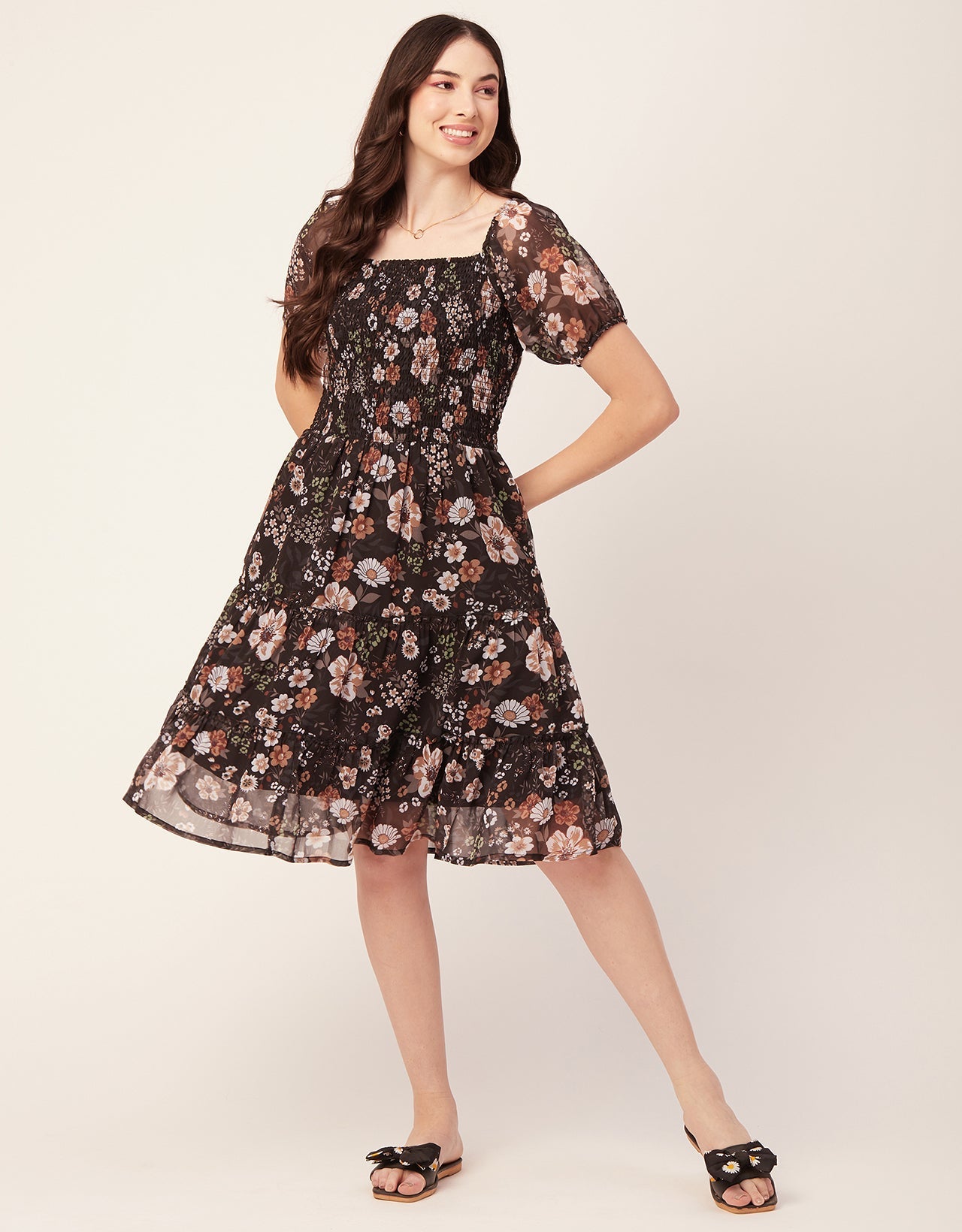 Printed Smocked Knee Dress