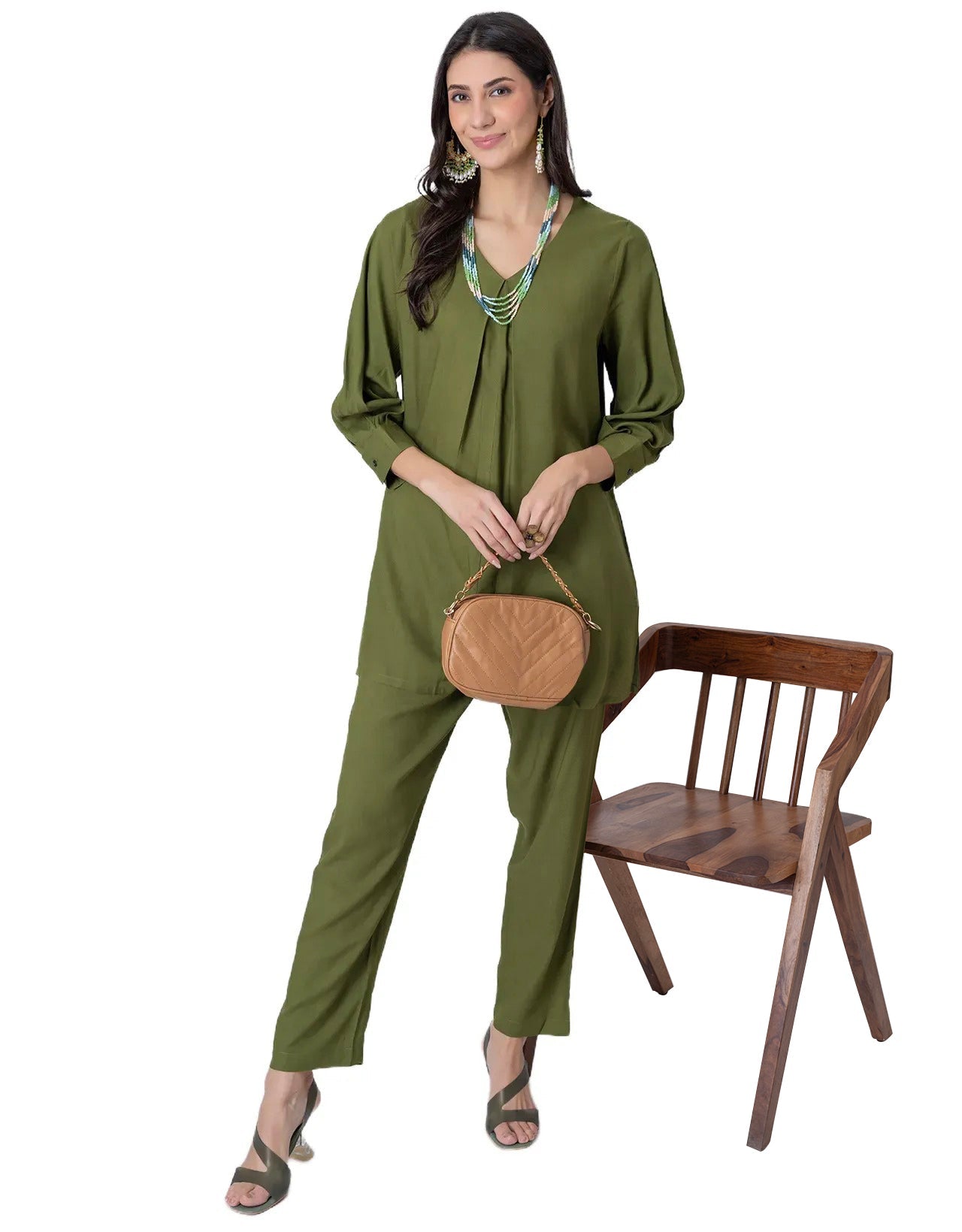 Elegant 2-Pc V-Neck Coord Set, Inverted Pleat Kurta