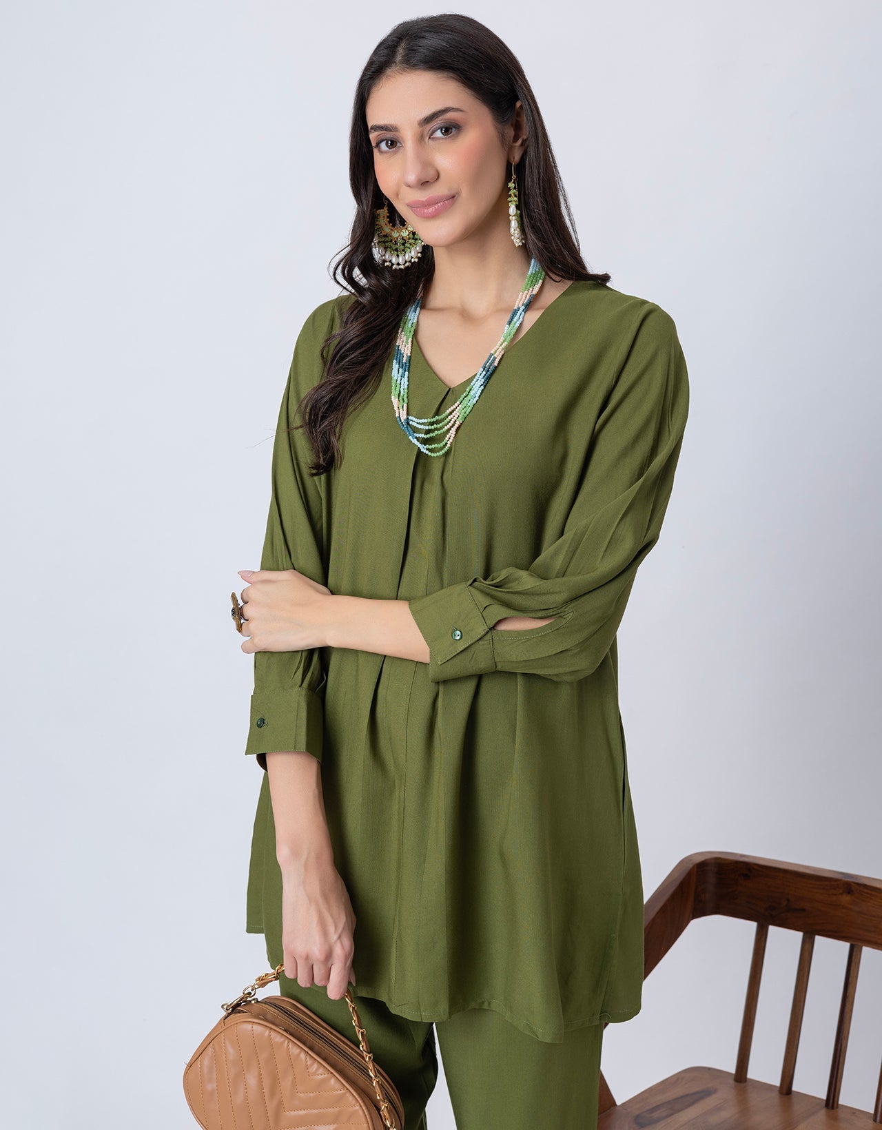 Elegant 2-Pc V-Neck Coord Set, Inverted Pleat Kurta