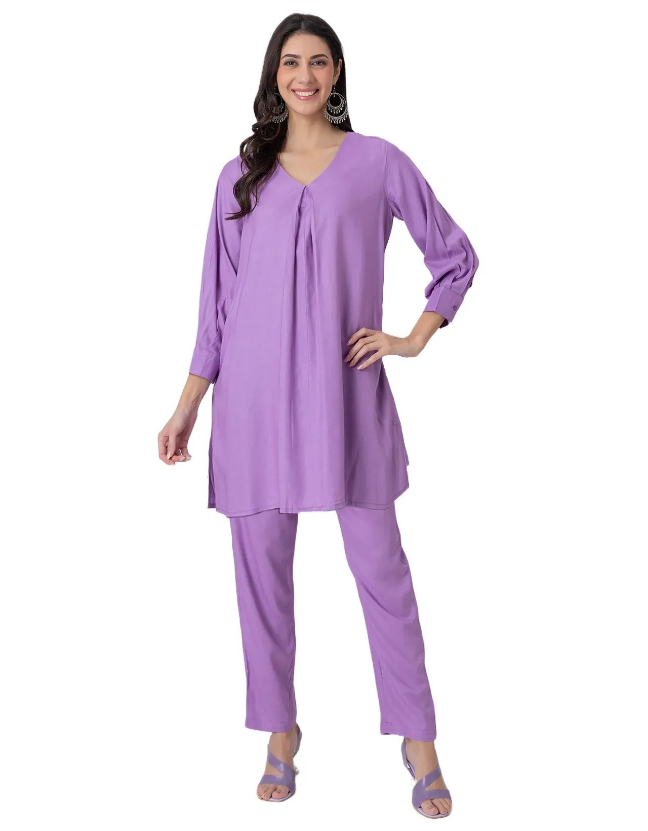 Elegant 2-Pc V-Neck Coord Set, Inverted Pleat Kurta