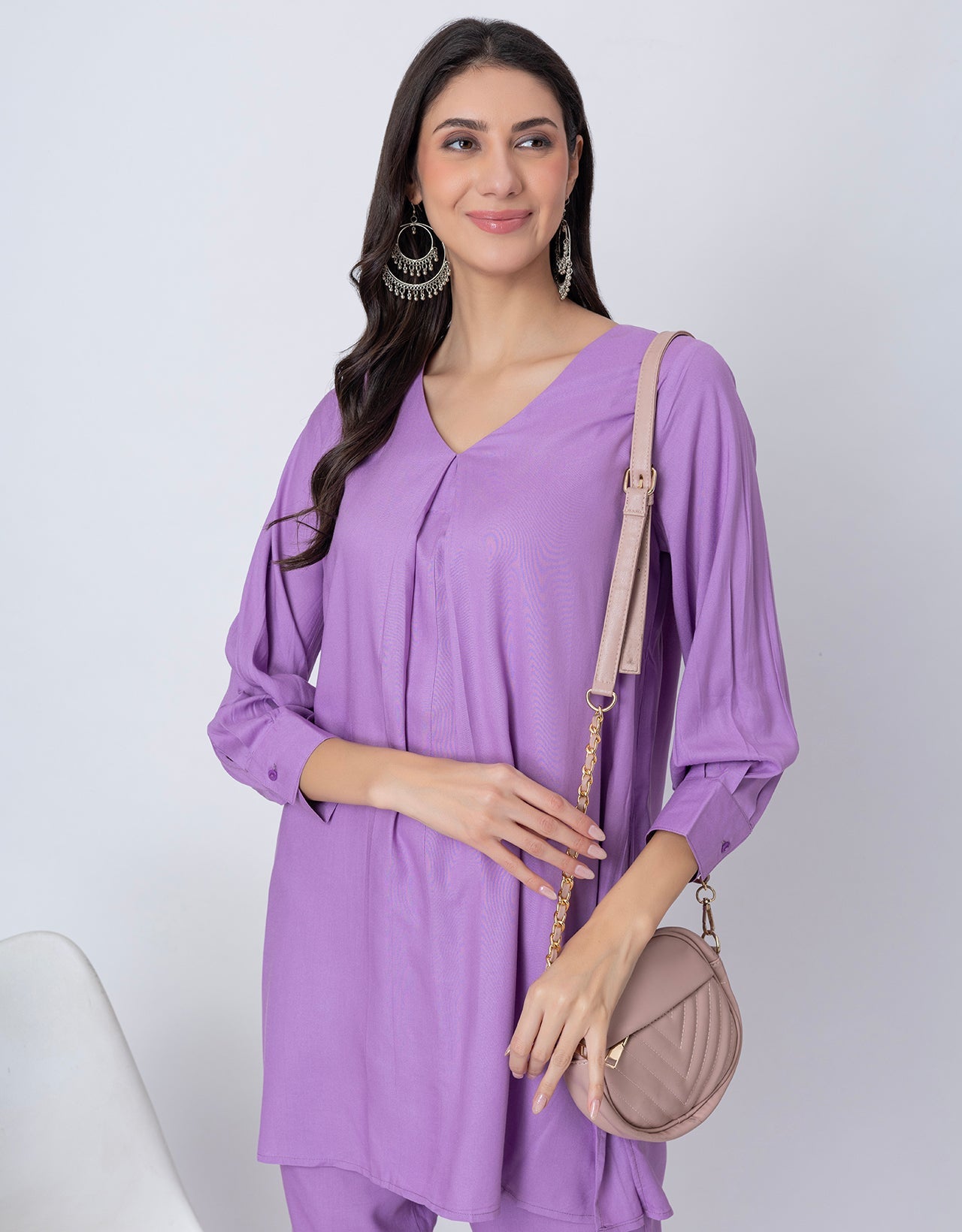 Elegant 2-Pc V-Neck Coord Set, Inverted Pleat Kurta