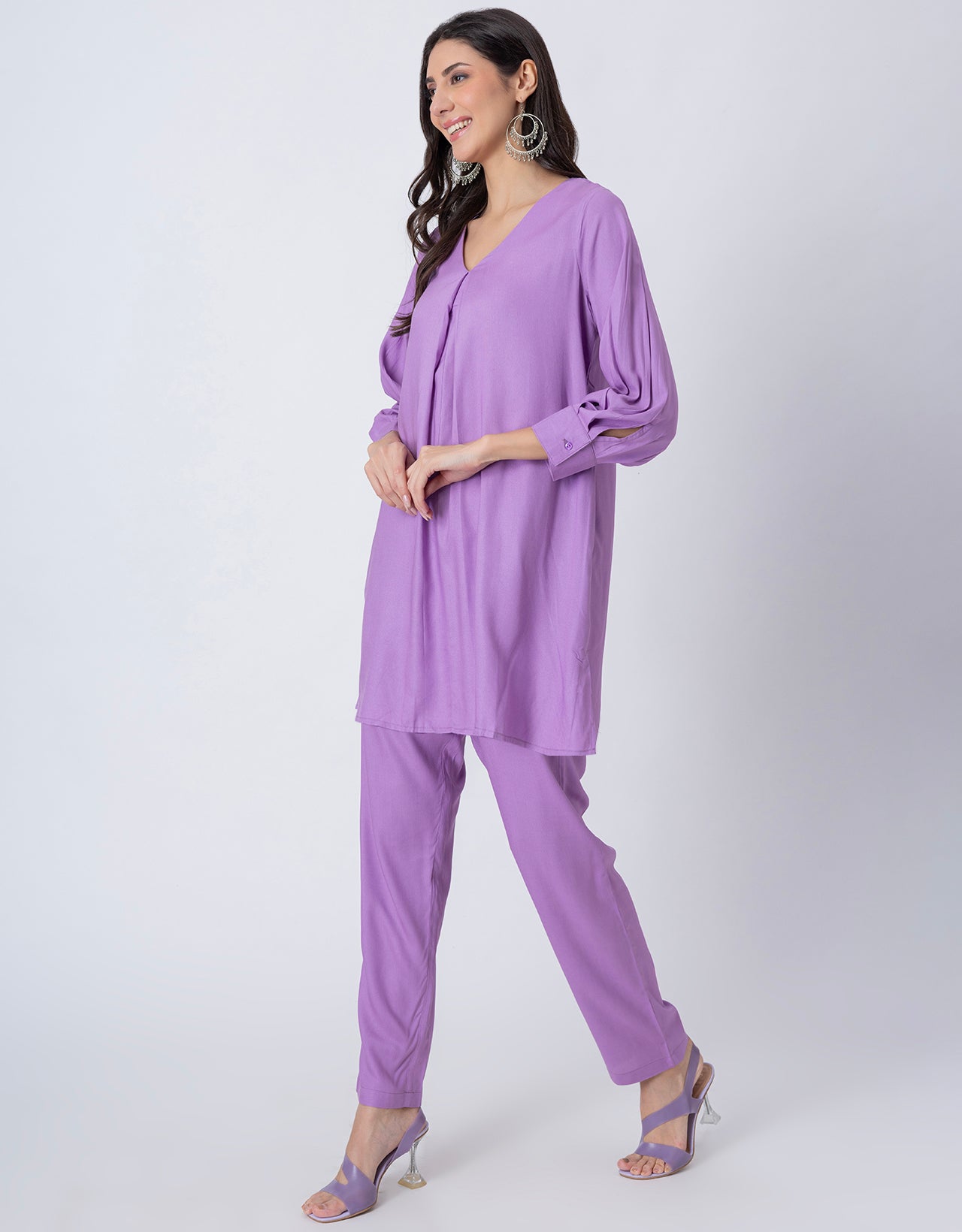 Elegant 2-Pc V-Neck Coord Set, Inverted Pleat Kurta