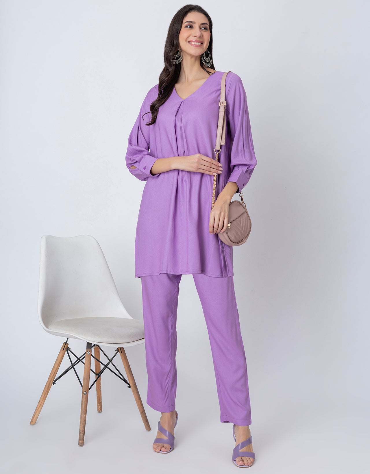 Elegant 2-Pc V-Neck Coord Set, Inverted Pleat Kurta