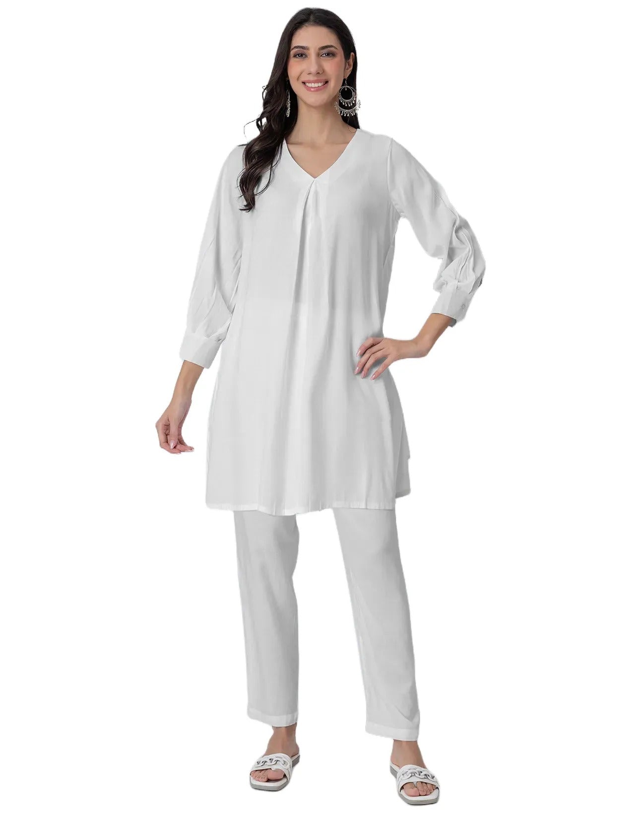 Elegant 2-Pc V-Neck Coord Set, Inverted Pleat Kurta