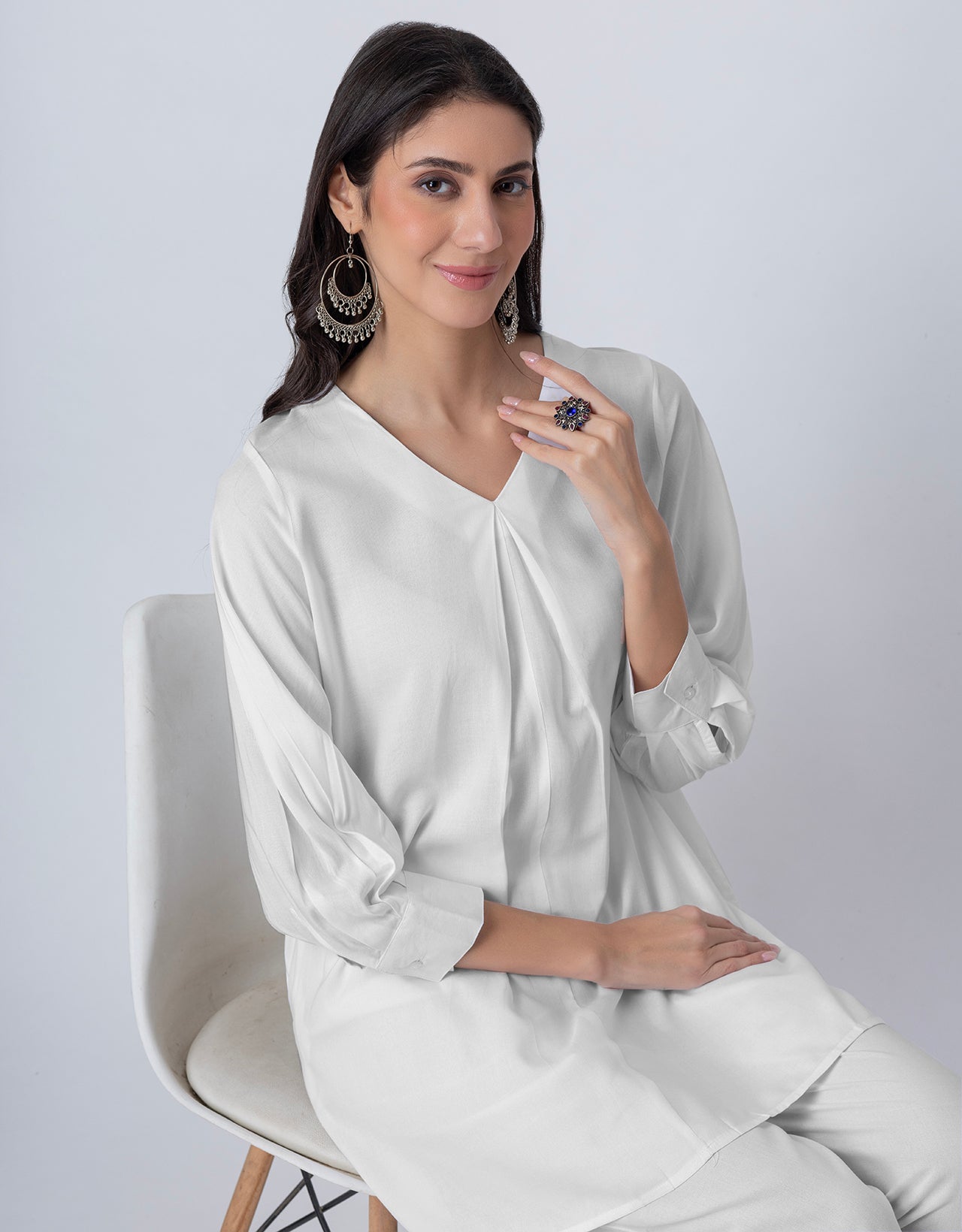 Elegant 2-Pc V-Neck Coord Set, Inverted Pleat Kurta