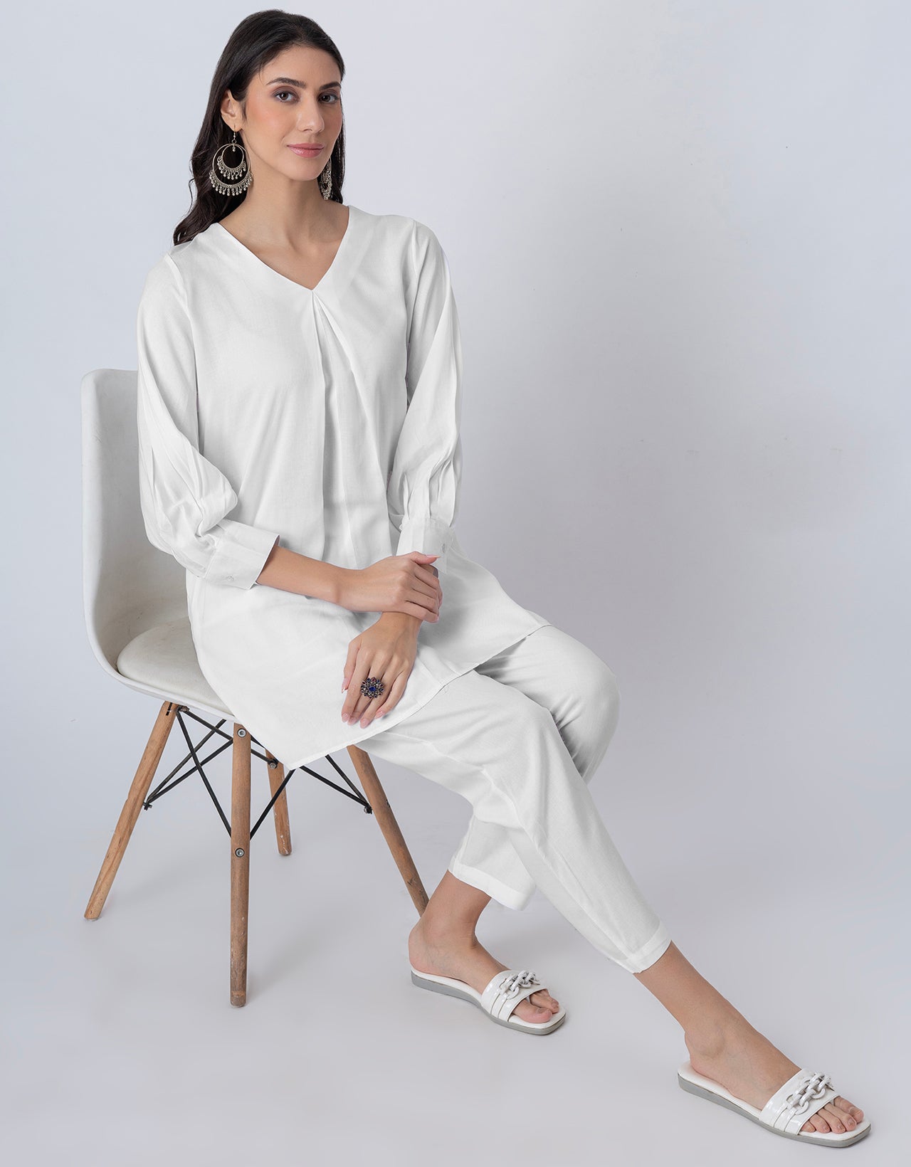 Elegant 2-Pc V-Neck Coord Set, Inverted Pleat Kurta