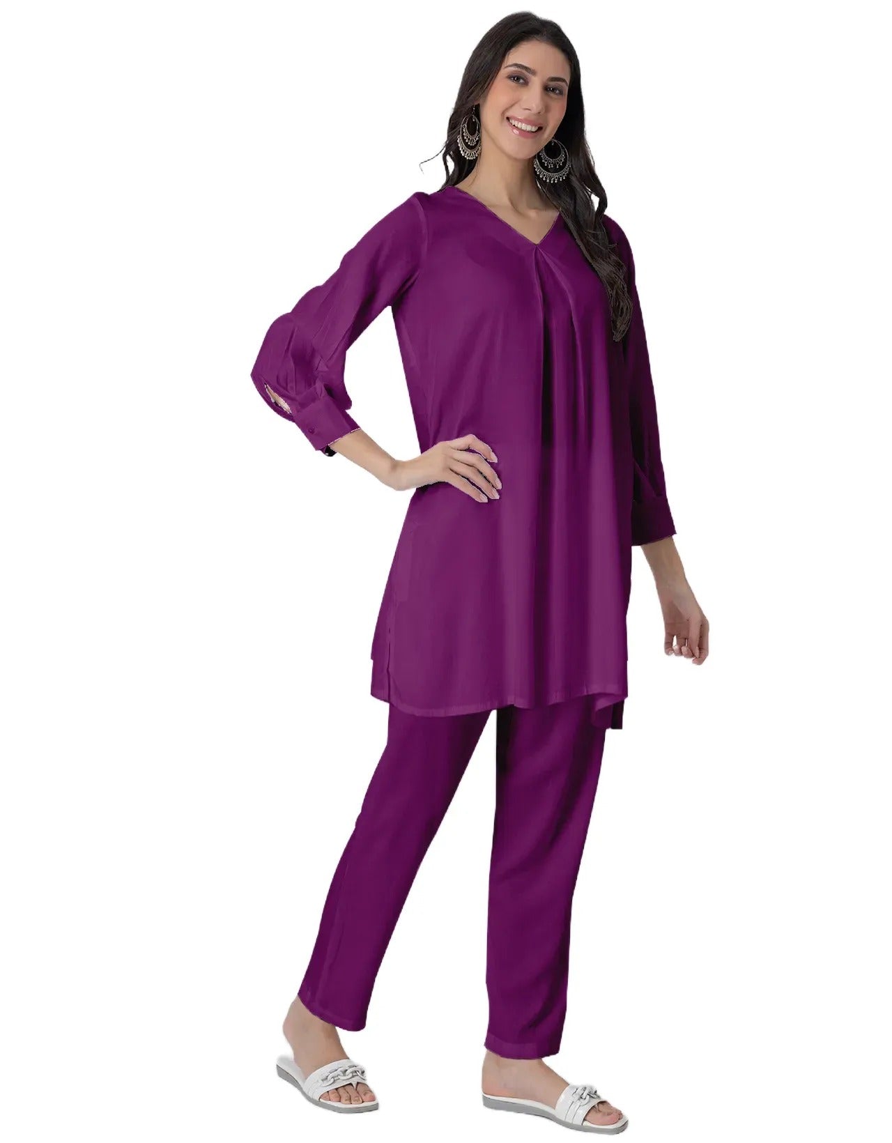 Elegant 2-Pc V-Neck Coord Set, Inverted Pleat Kurta