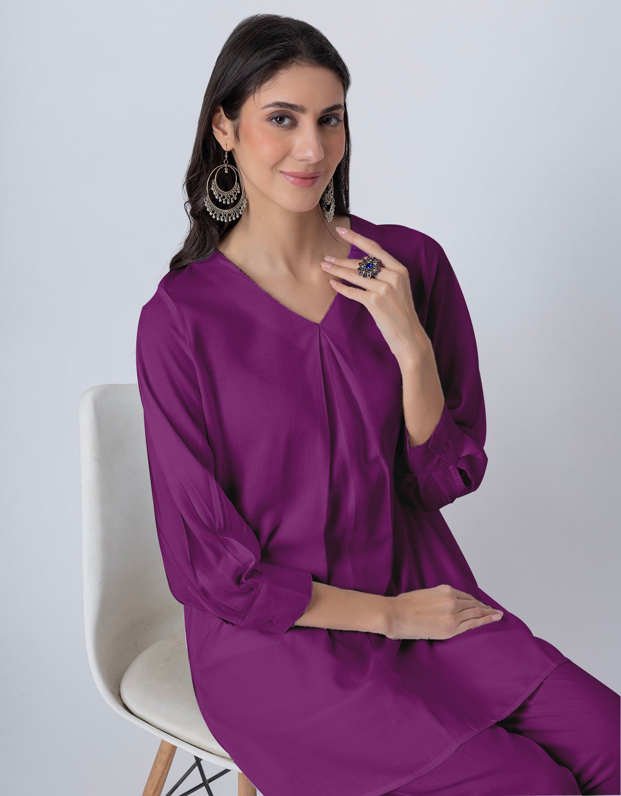 Elegant 2-Pc V-Neck Coord Set, Inverted Pleat Kurta