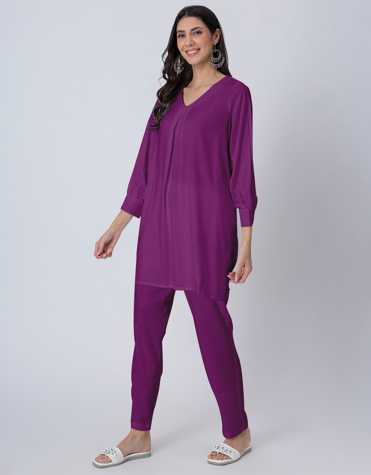 Elegant 2-Pc V-Neck Coord Set, Inverted Pleat Kurta
