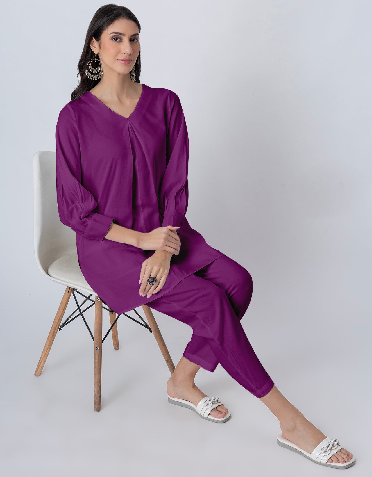 Elegant 2-Pc V-Neck Coord Set, Inverted Pleat Kurta