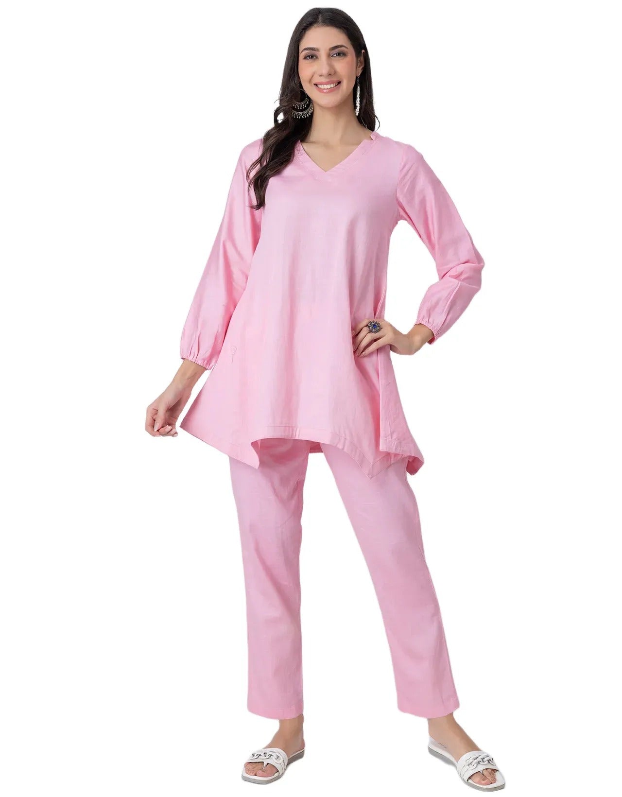 Women Co-ord Set, Long Sleeve Kurta With High-Low Hem