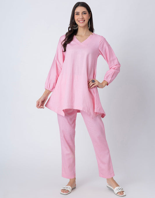 Women Co-ord Set, Long Sleeve Kurta With High-Low Hem