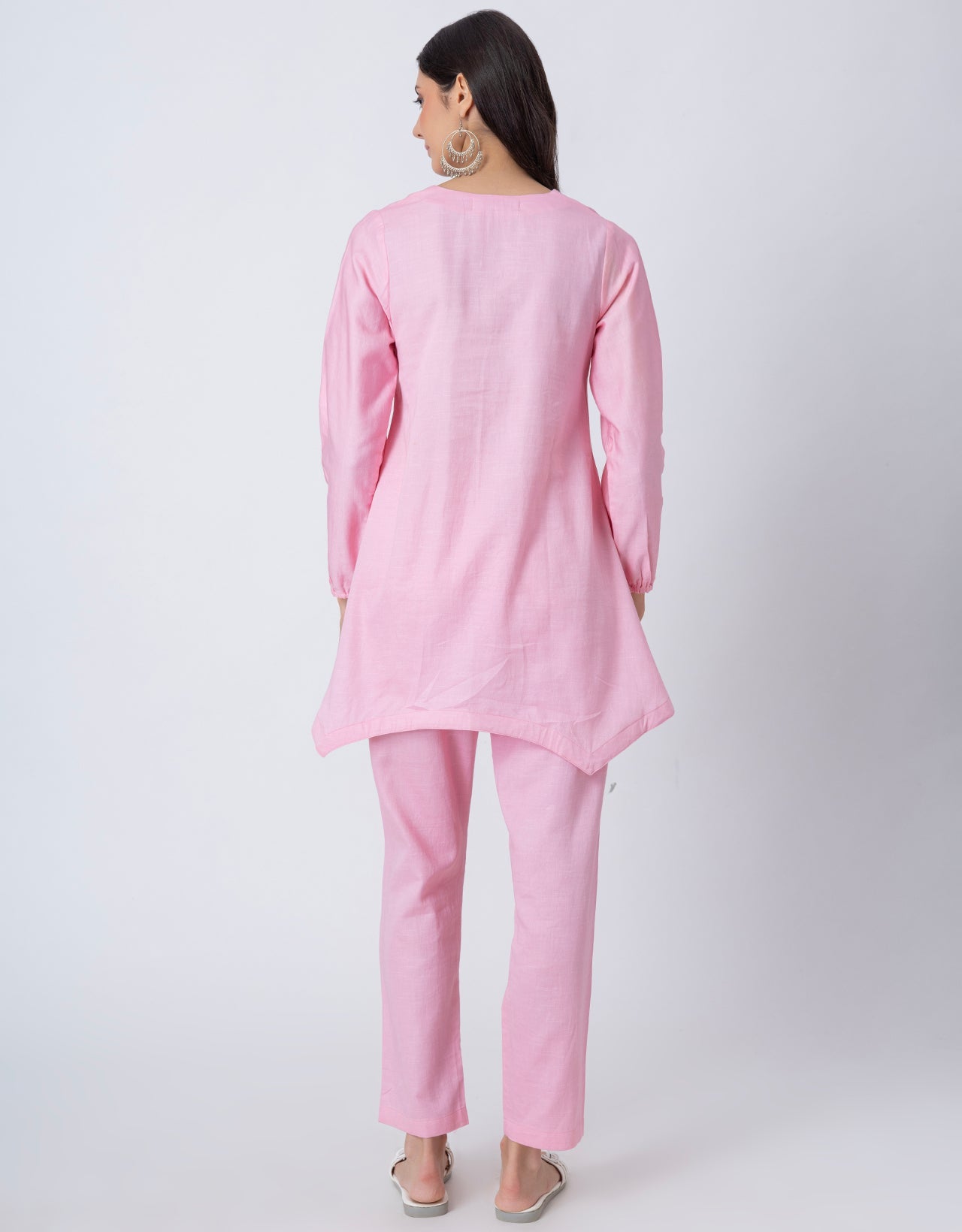 Women Co-ord Set, Long Sleeve Kurta With High-Low Hem