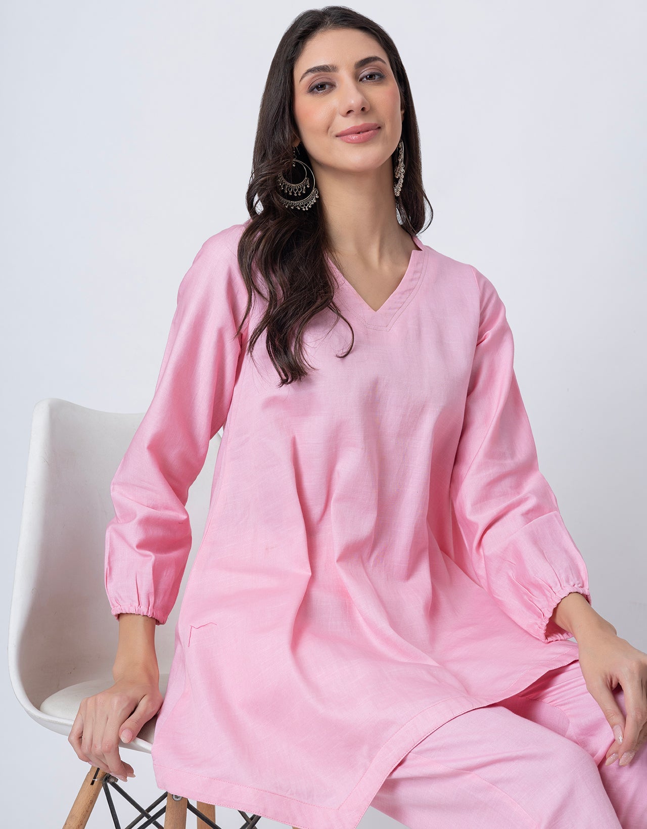 Women Co-ord Set, Long Sleeve Kurta With High-Low Hem