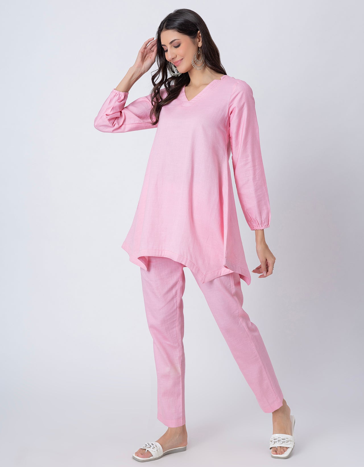 Women Co-ord Set, Long Sleeve Kurta With High-Low Hem