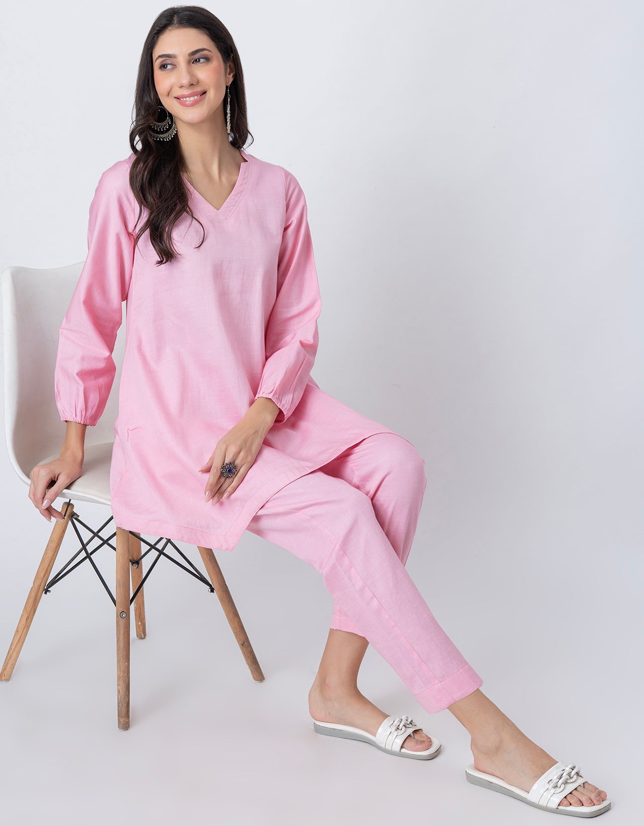 Women Co-ord Set, Long Sleeve Kurta With High-Low Hem