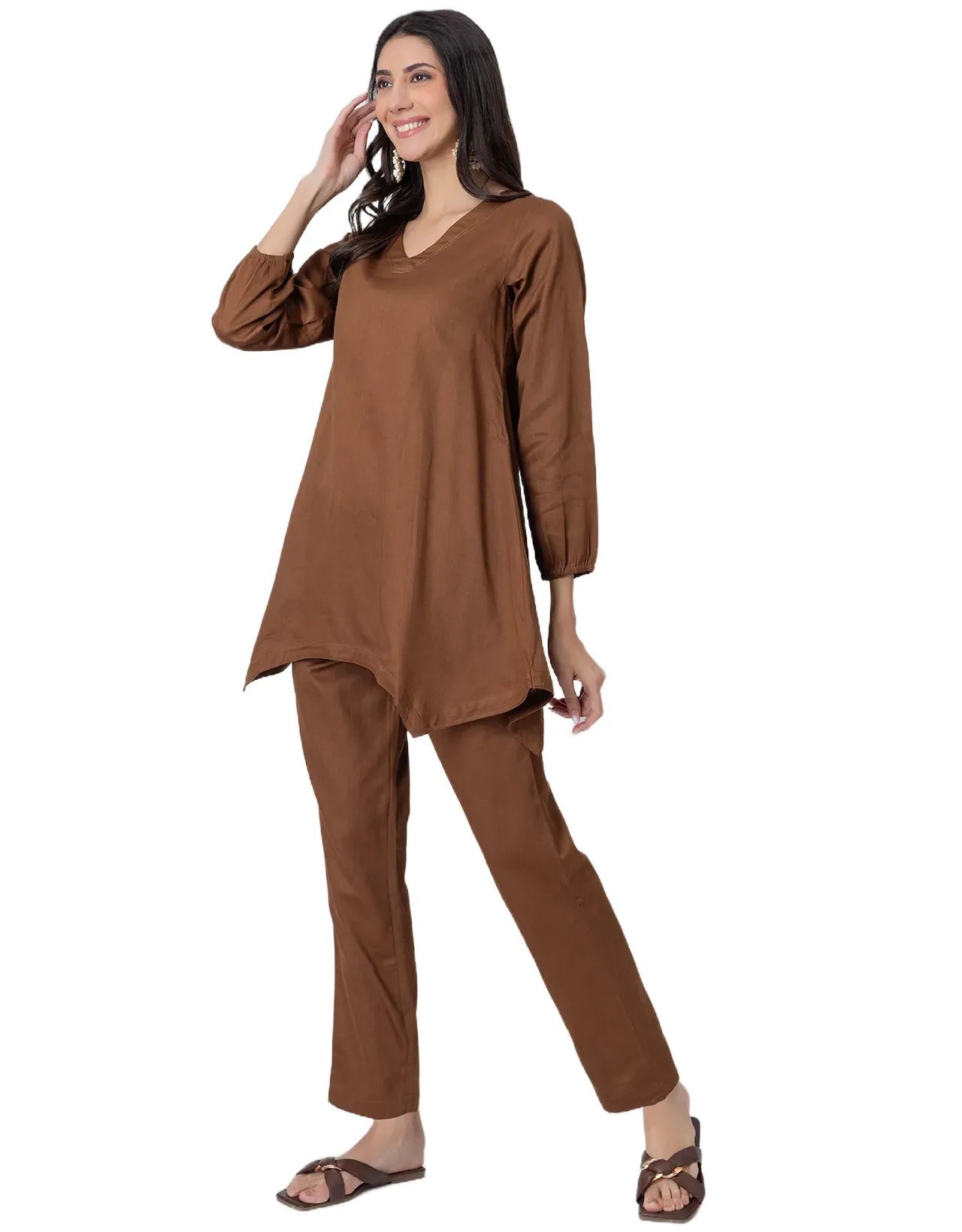Women Co-ord Set, Long Sleeve Kurta With High-Low Hem