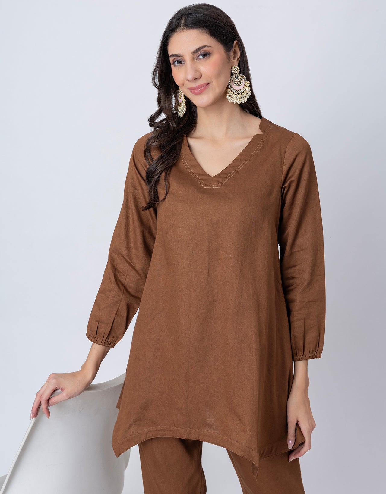 Women Co-ord Set, Long Sleeve Kurta With High-Low Hem