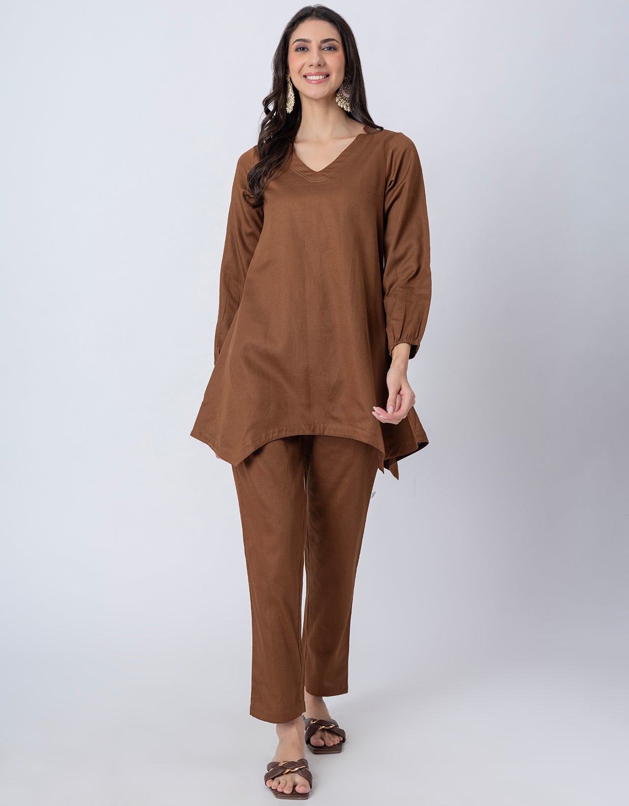 Women Co-ord Set, Long Sleeve Kurta With High-Low Hem