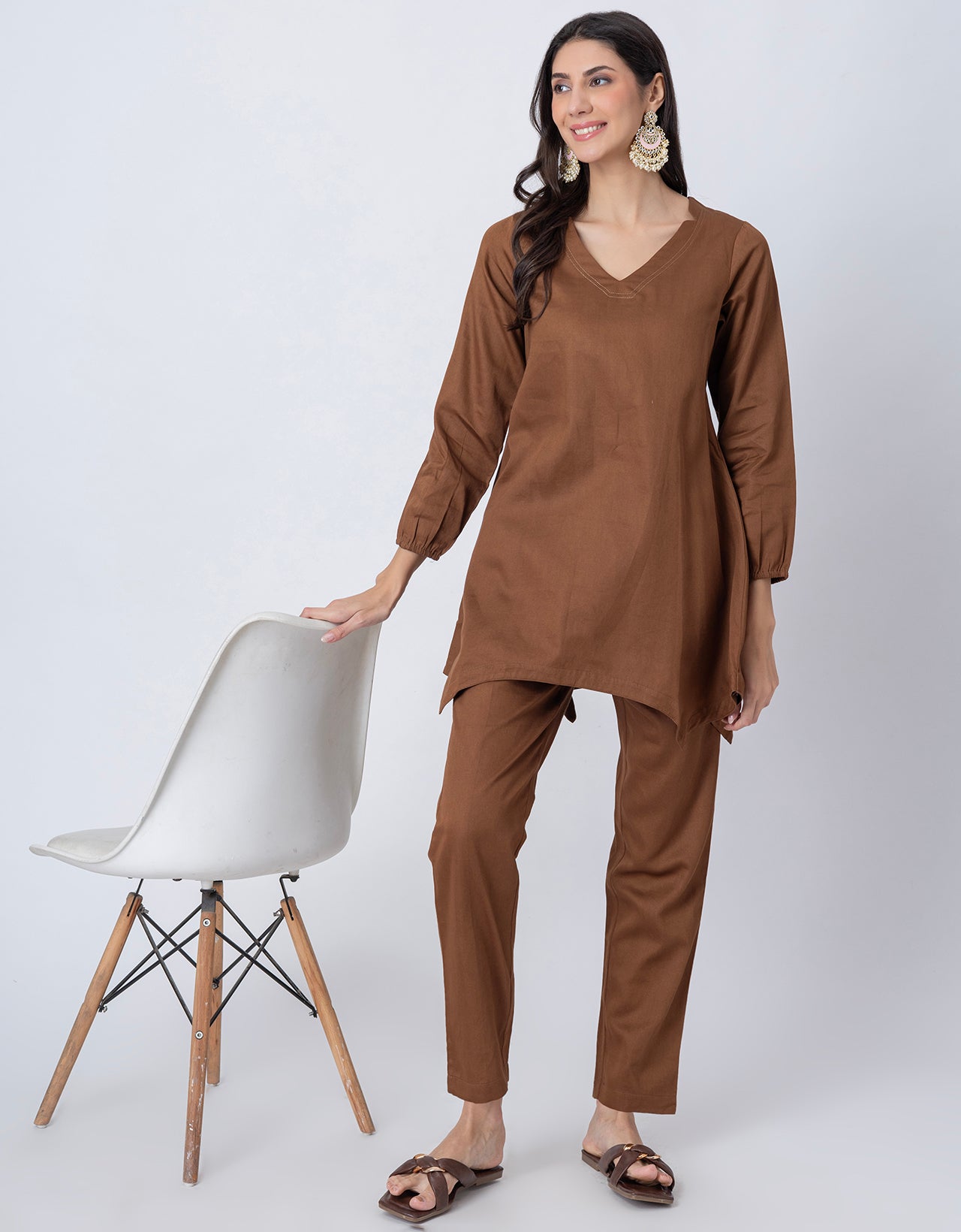 Women Co-ord Set, Long Sleeve Kurta With High-Low Hem