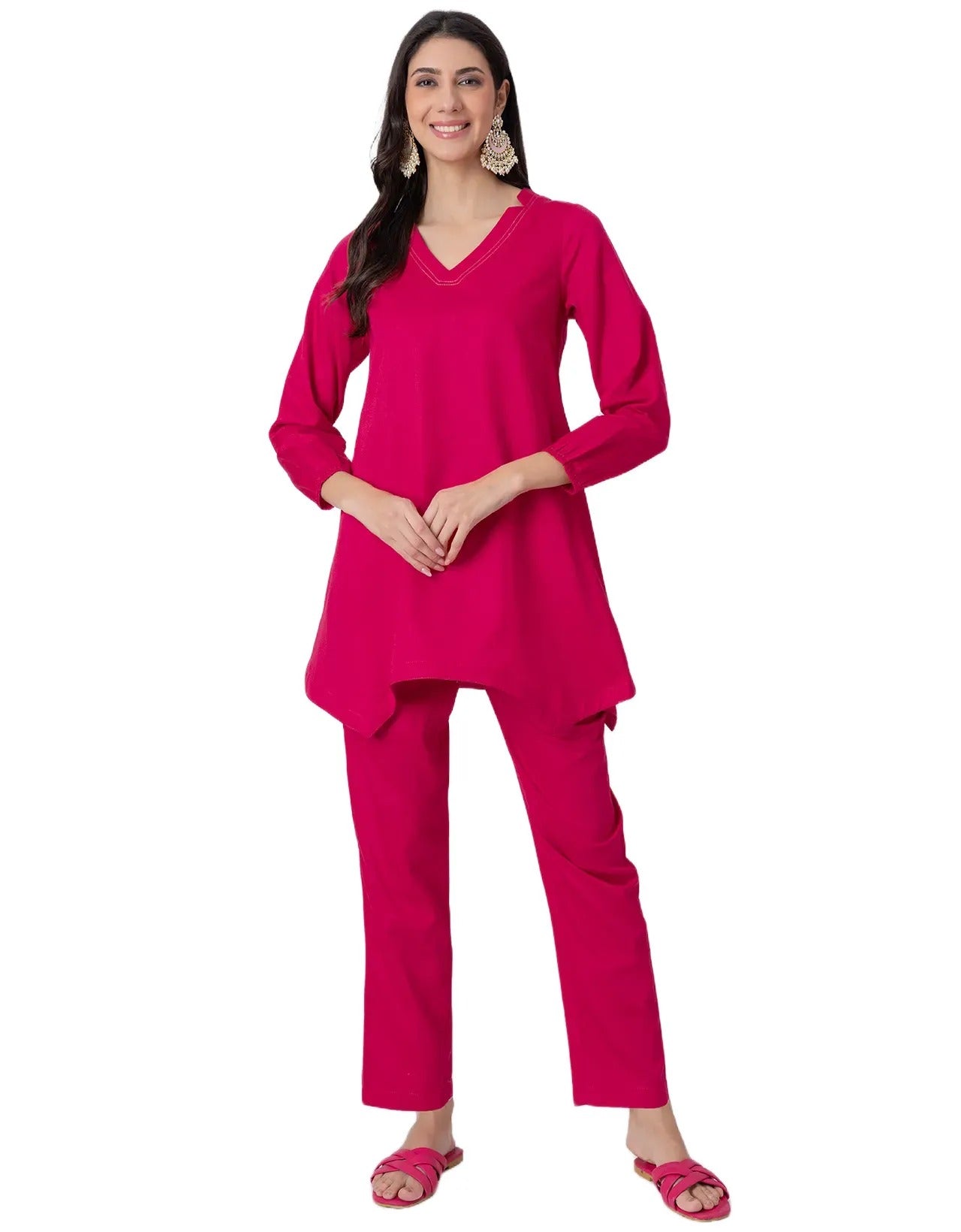 Women Co-ord Set, Long Sleeve Kurta With High-Low Hem