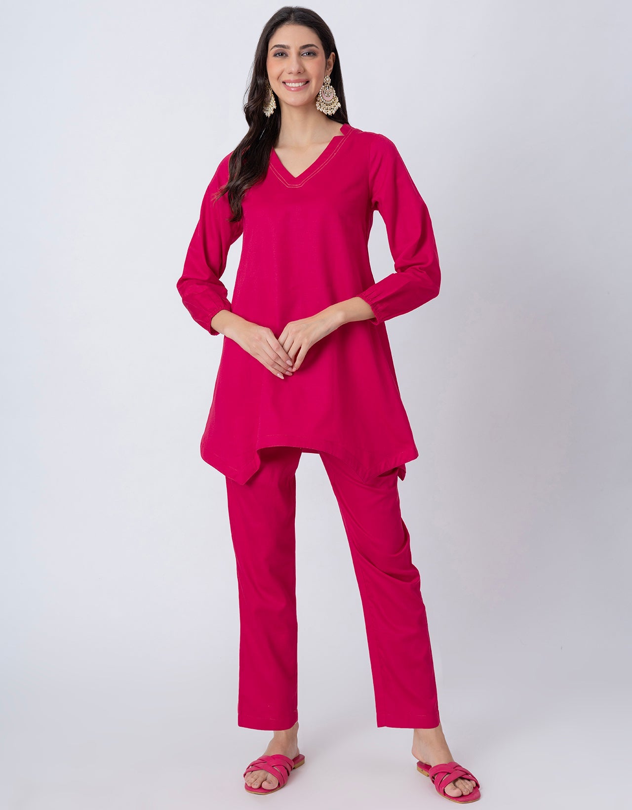 Women Co-ord Set, Long Sleeve Kurta With High-Low Hem