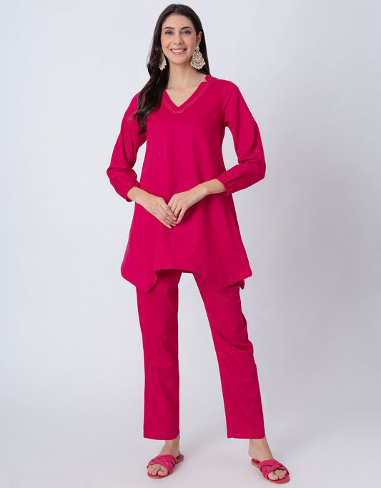 Women Co-ord Set, Long Sleeve Kurta With High-Low Hem