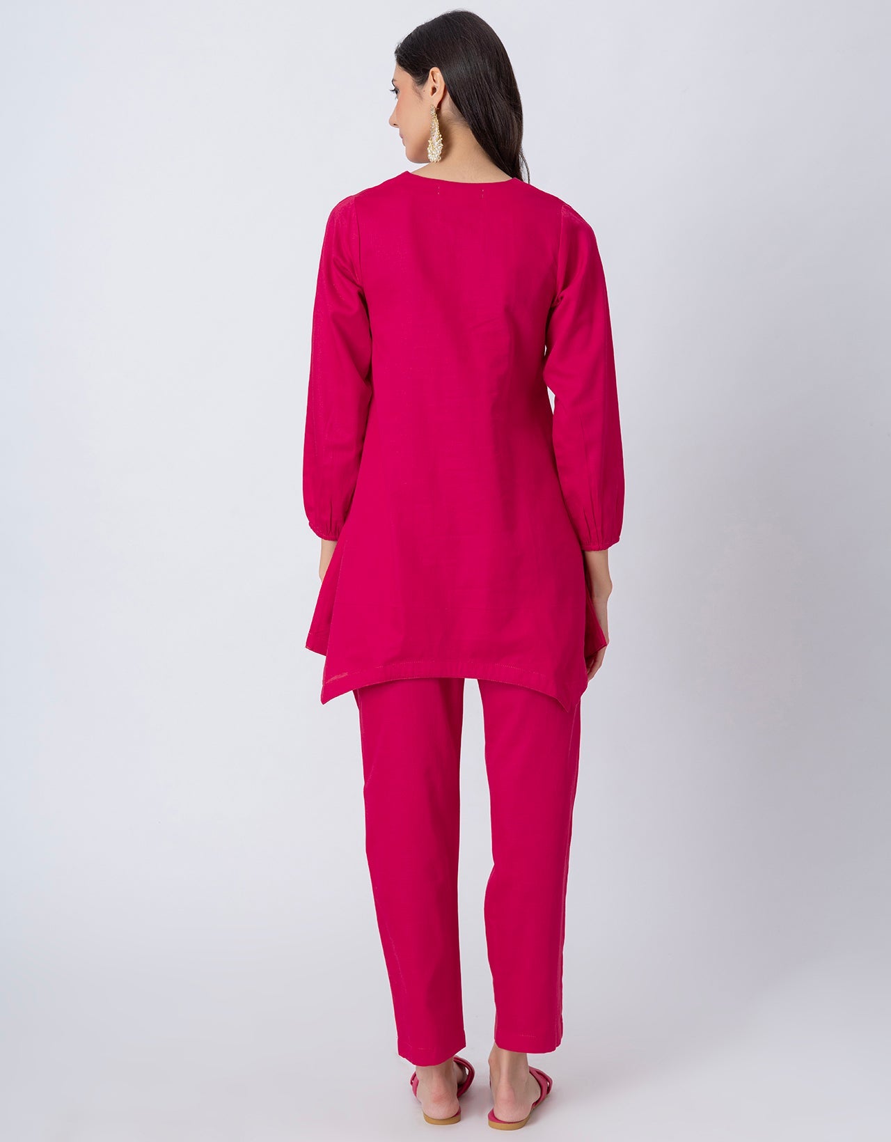 Women Co-ord Set, Long Sleeve Kurta With High-Low Hem