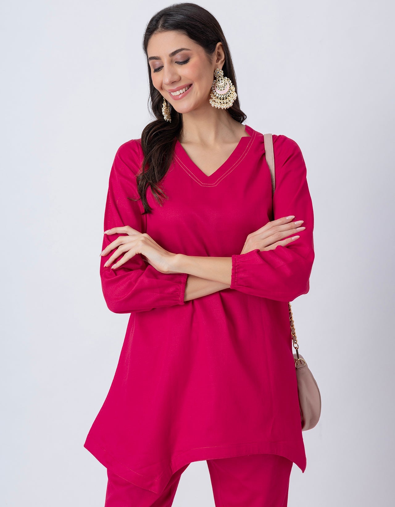 Women Co-ord Set, Long Sleeve Kurta With High-Low Hem