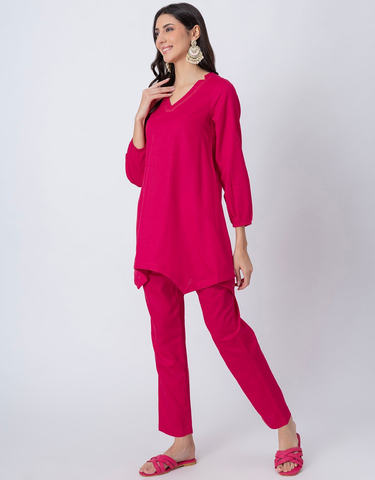 Women Co-ord Set, Long Sleeve Kurta With High-Low Hem