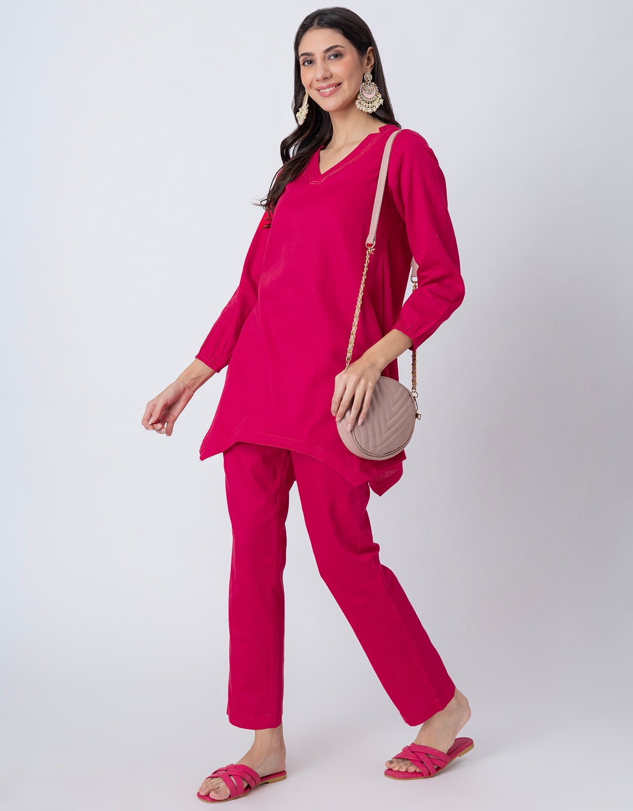 Women Co-ord Set, Long Sleeve Kurta With High-Low Hem