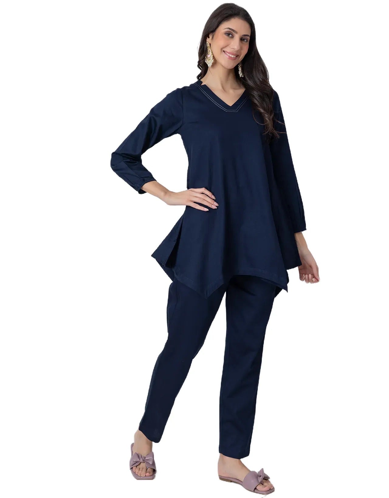 Women Co-ord Set, Long Sleeve Kurta With High-Low Hem