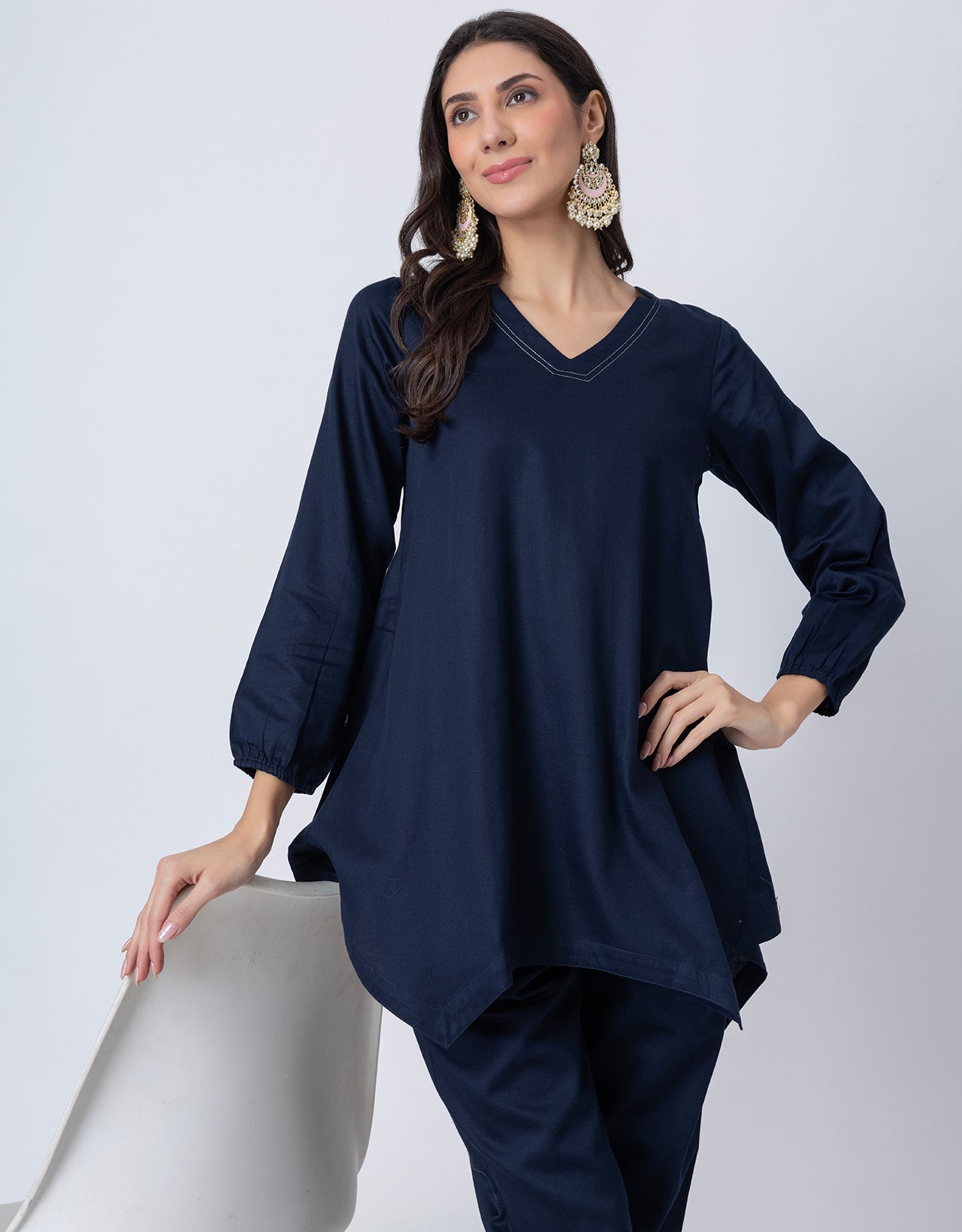 Women Co-ord Set, Long Sleeve Kurta With High-Low Hem