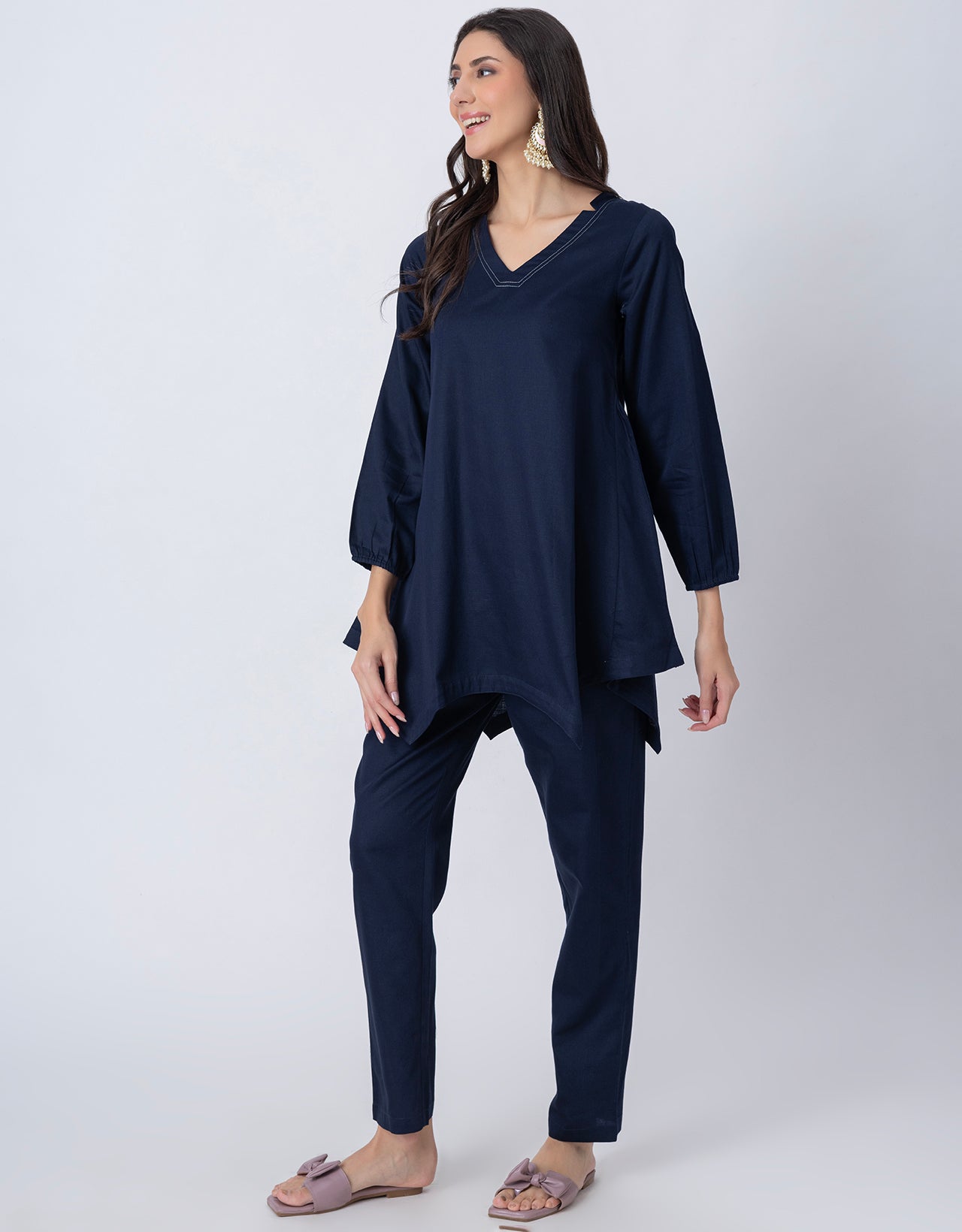 Women Co-ord Set, Long Sleeve Kurta With High-Low Hem