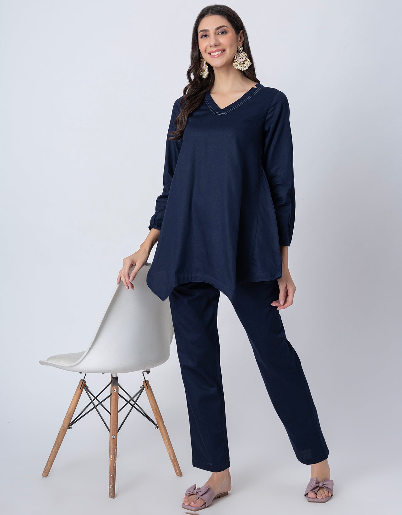 Women Co-ord Set, Long Sleeve Kurta With High-Low Hem