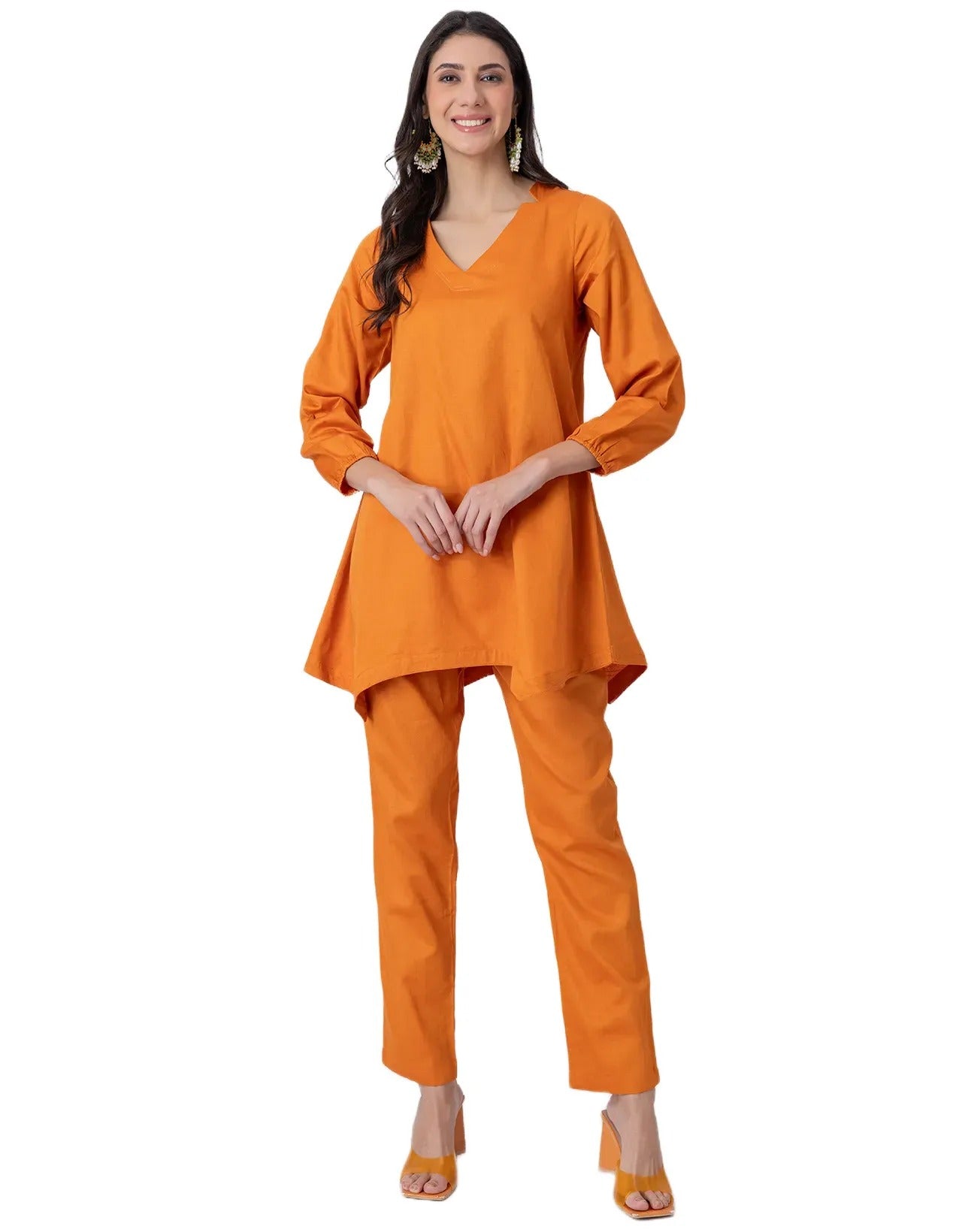 Women Co-ord Set, Long Sleeve Kurta With High-Low Hem