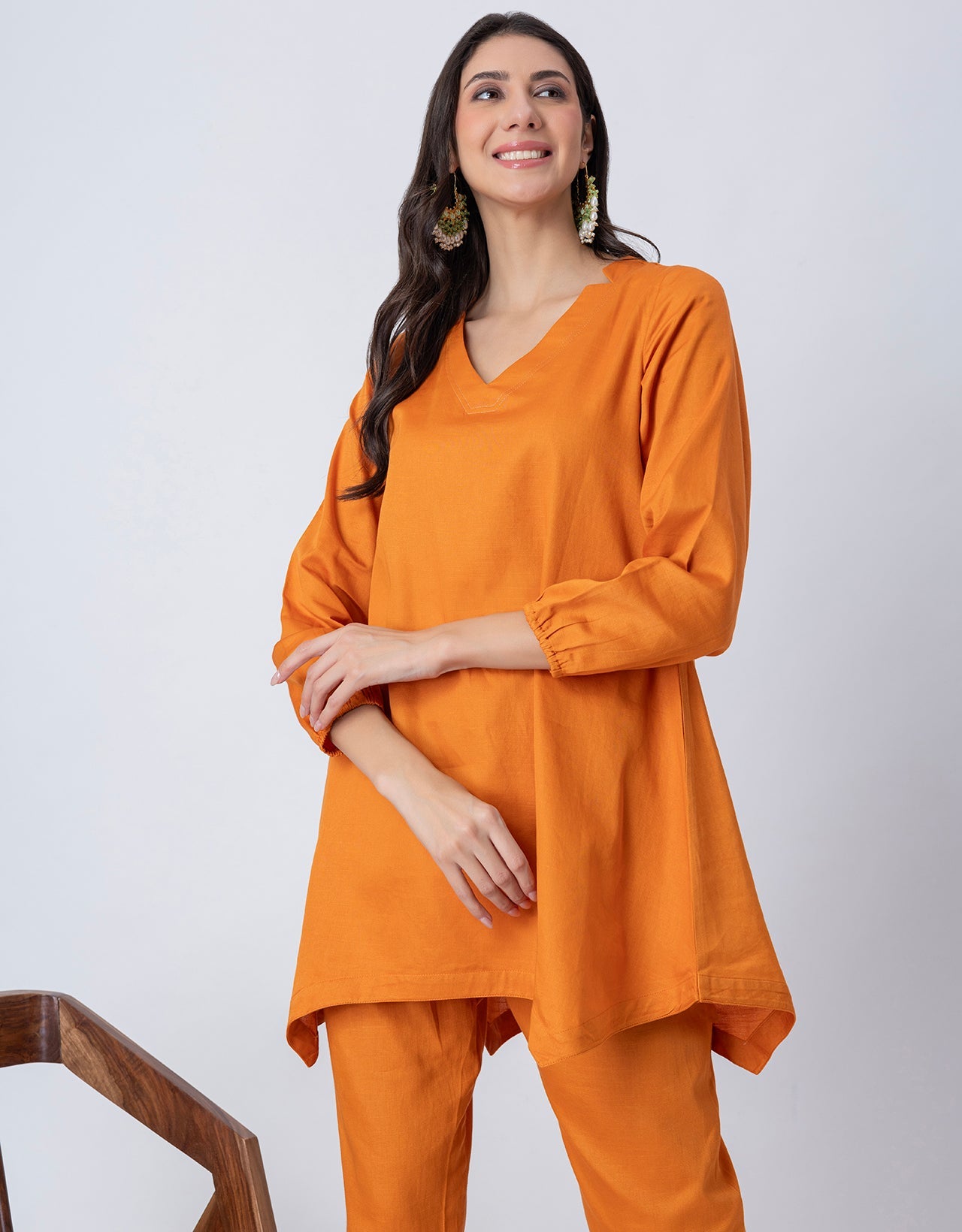 Women Co-ord Set, Long Sleeve Kurta With High-Low Hem