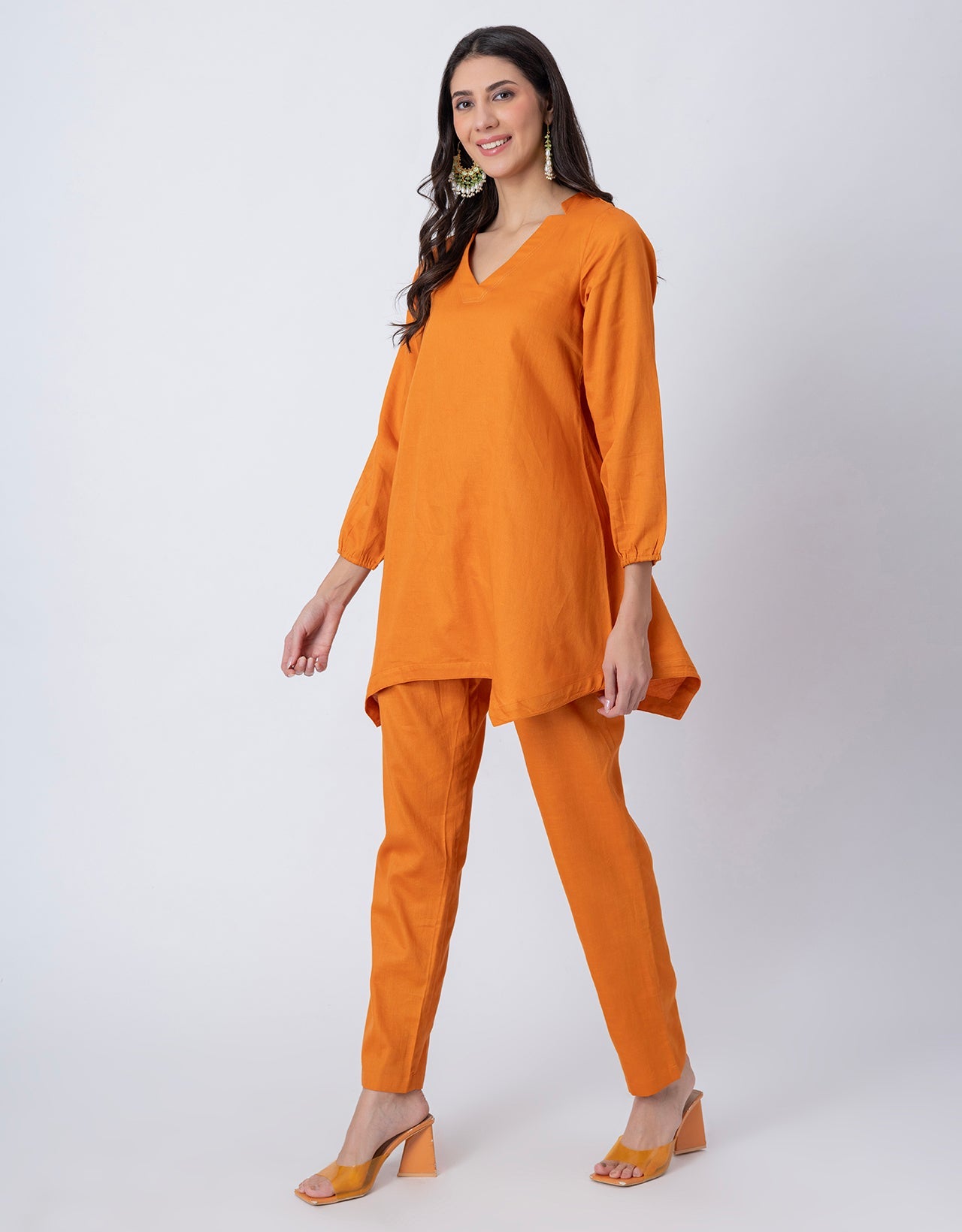 Women Co-ord Set, Long Sleeve Kurta With High-Low Hem