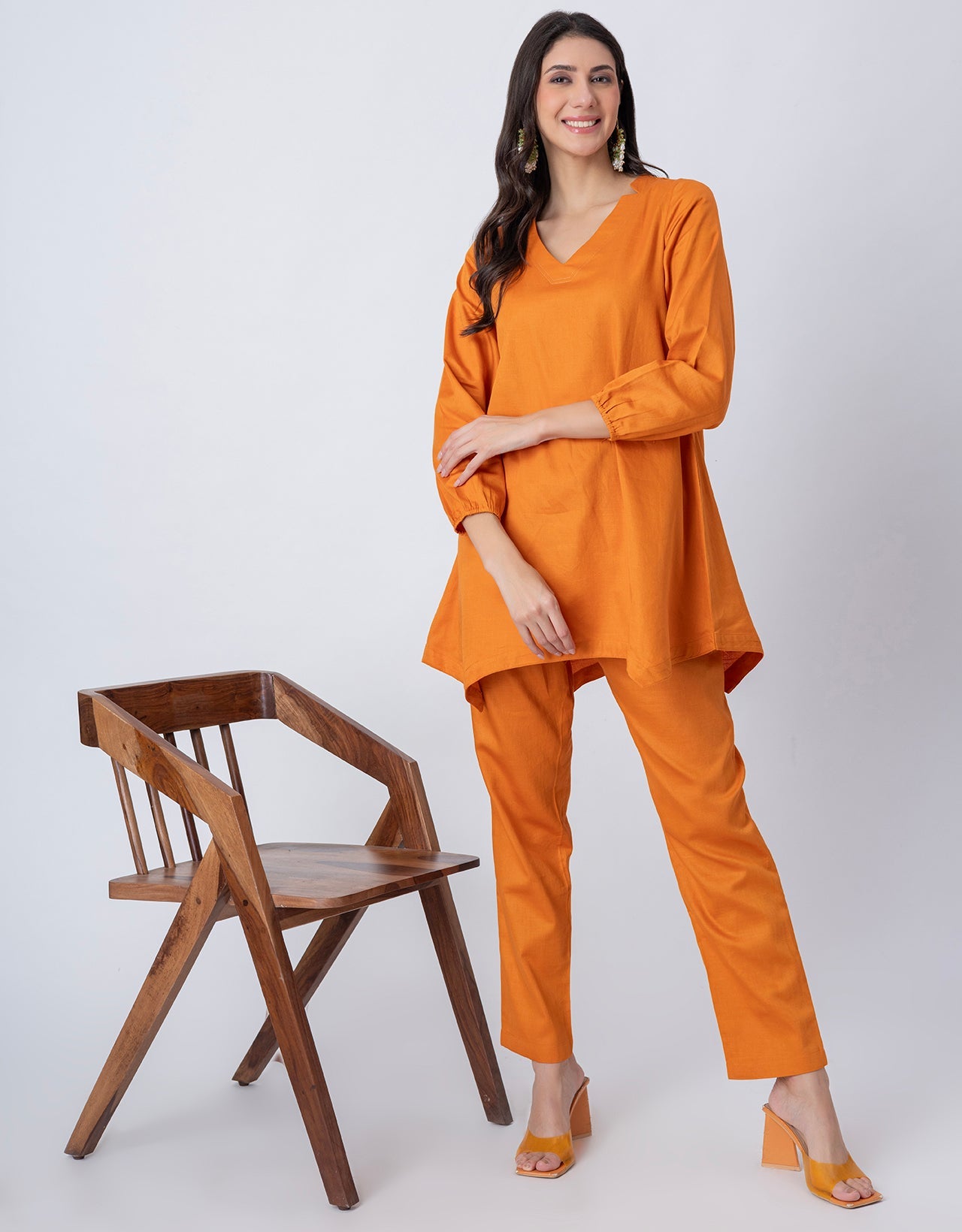 Women Co-ord Set, Long Sleeve Kurta With High-Low Hem