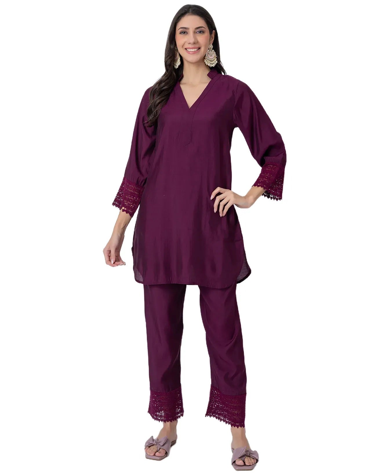 Women's Kurta and Pant Set Lace Detail Designer Co-ord Set
