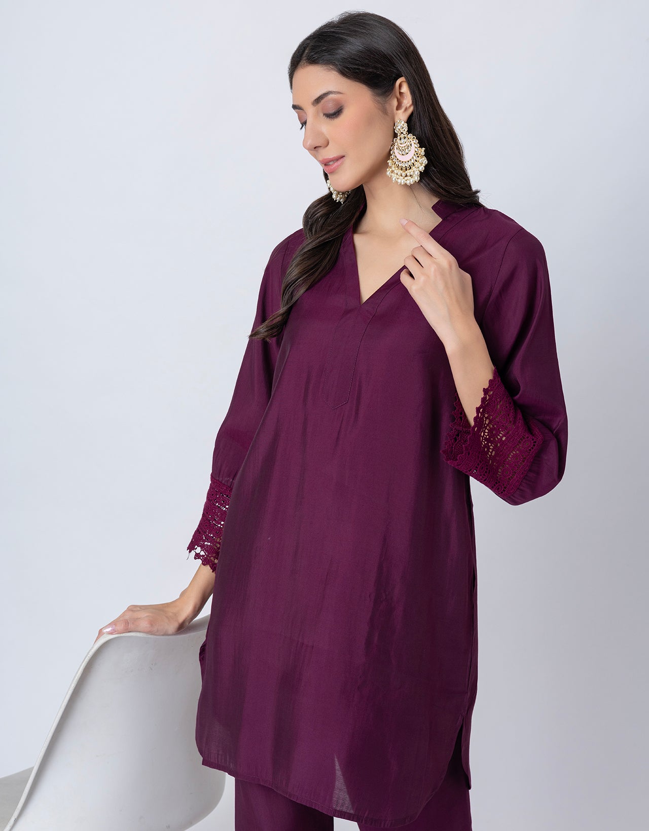 Women's Kurta and Pant Set Lace Detail Designer Co-ord Set