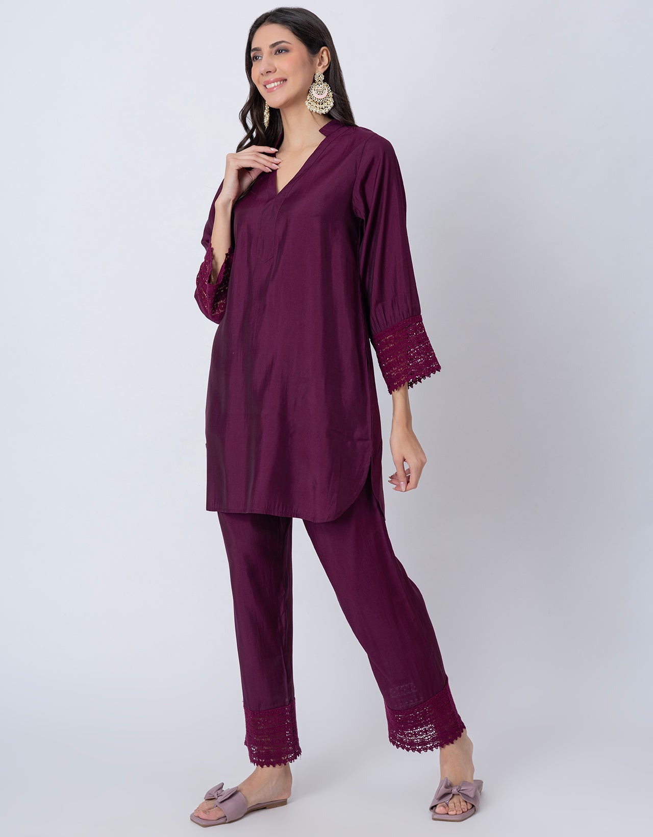 Women's Kurta and Pant Set Lace Detail Designer Co-ord Set