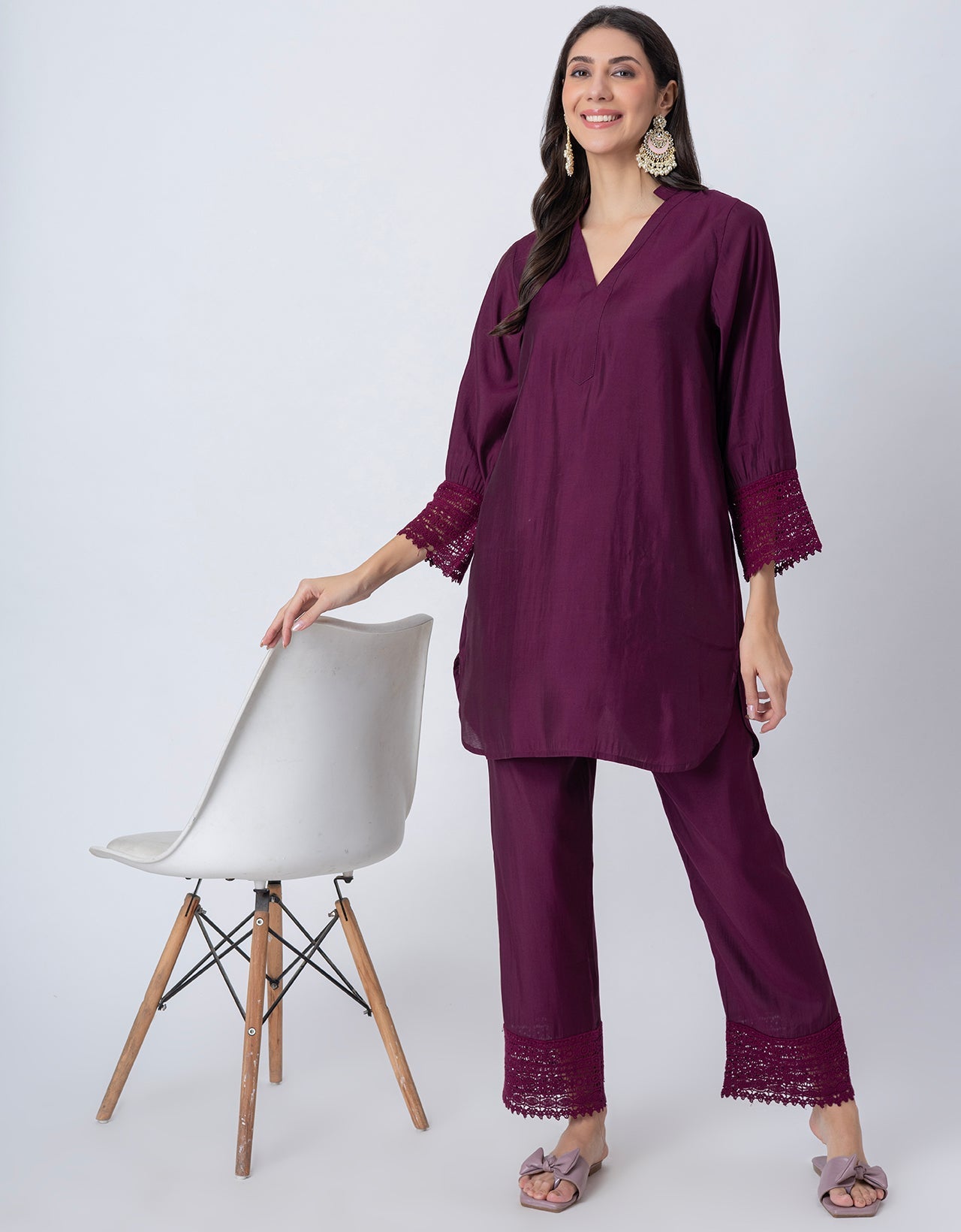 Women's Kurta and Pant Set Lace Detail Designer Co-ord Set